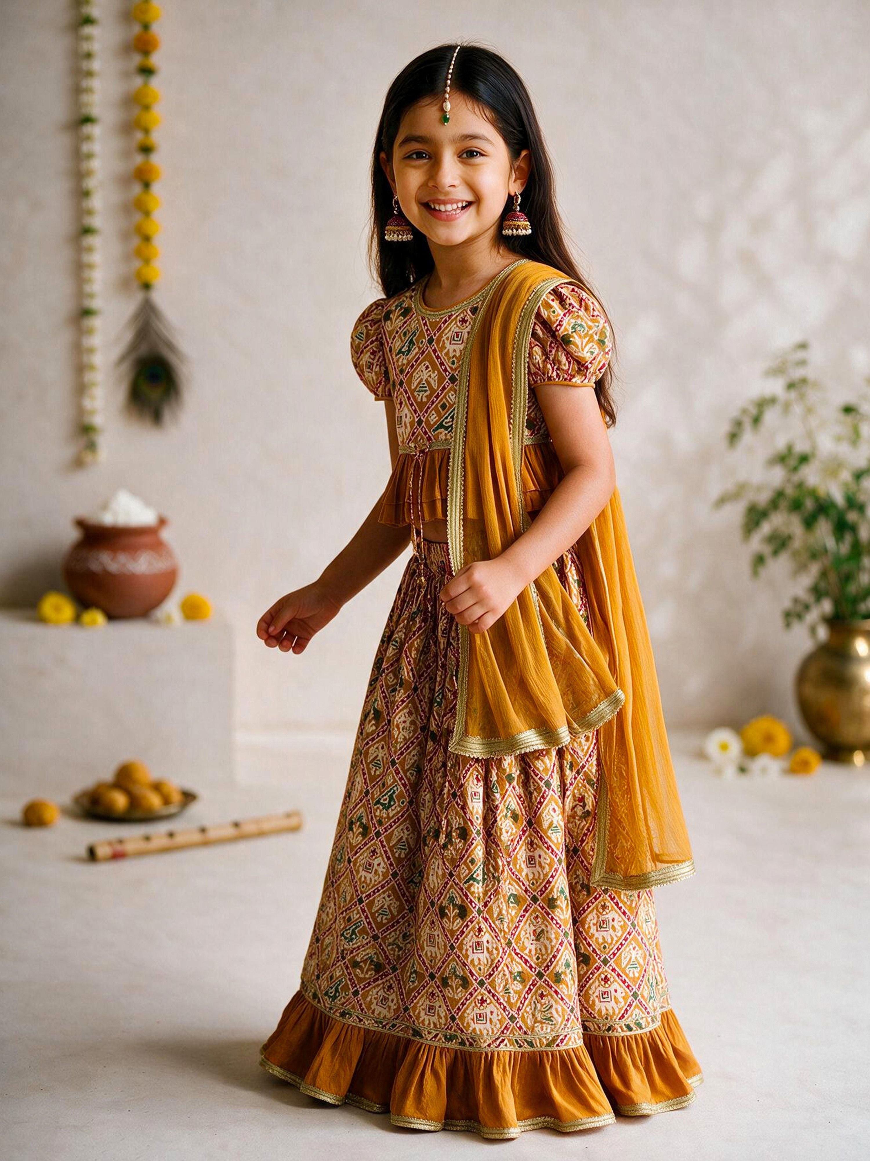 Mustard Cotton Blend Ikkat Lehenga Set for Girls