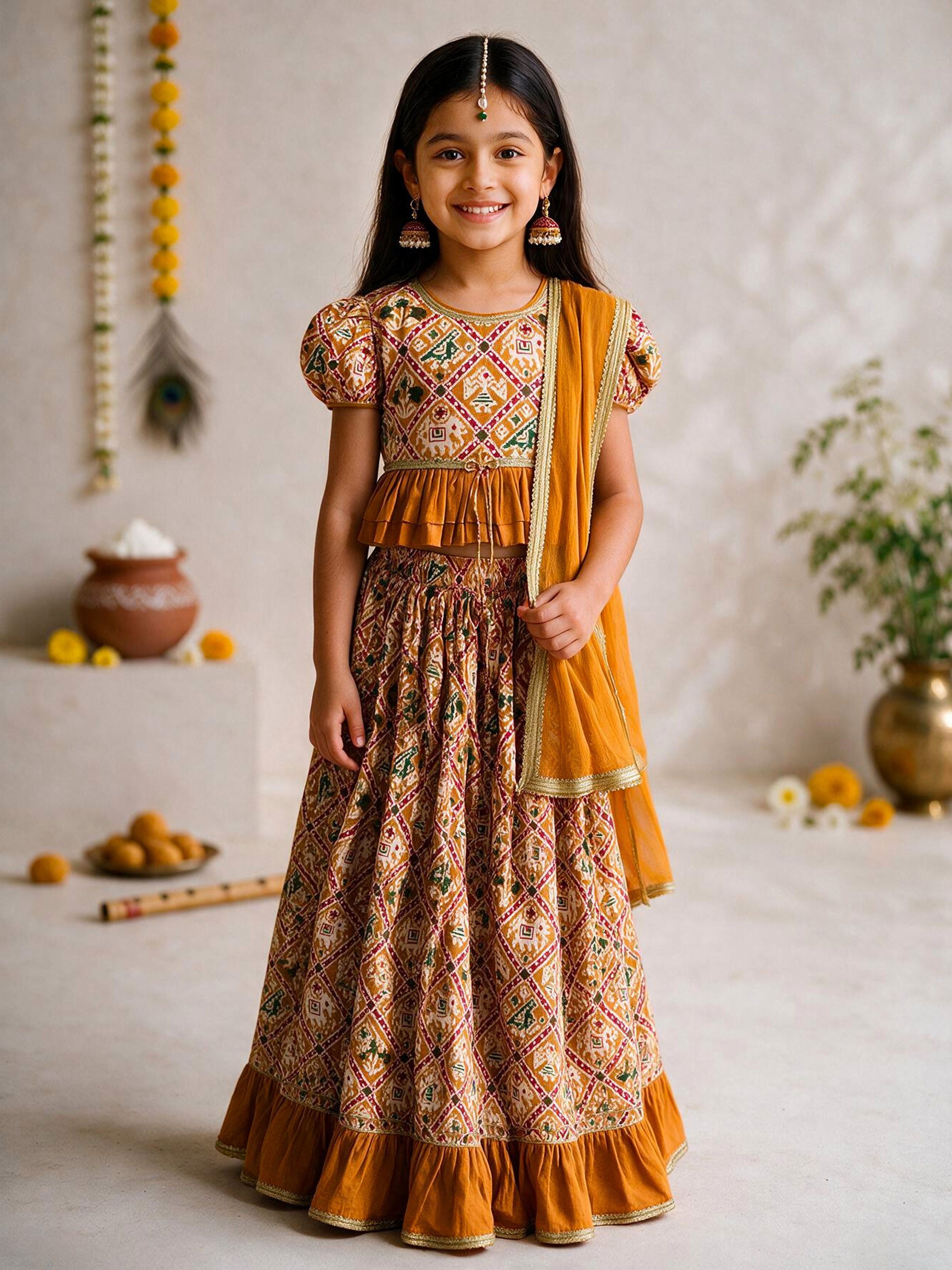 Girls's Mustard Cotton-Blend Ikkat Cropped Length Lehenga With Choli And Dupatta Set