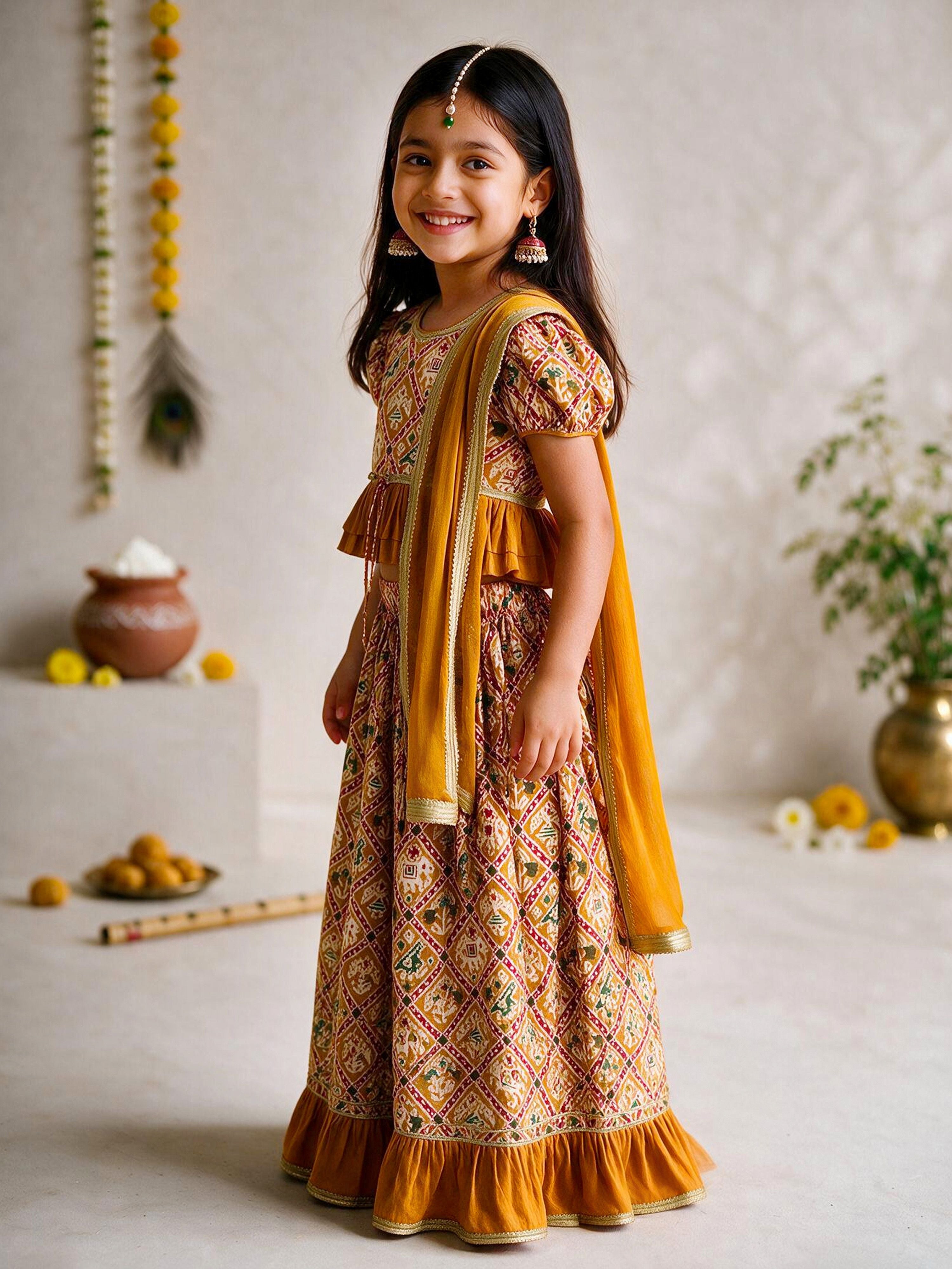 Girls's Mustard Cotton-Blend Ikkat Cropped Length Lehenga With Choli And Dupatta Set