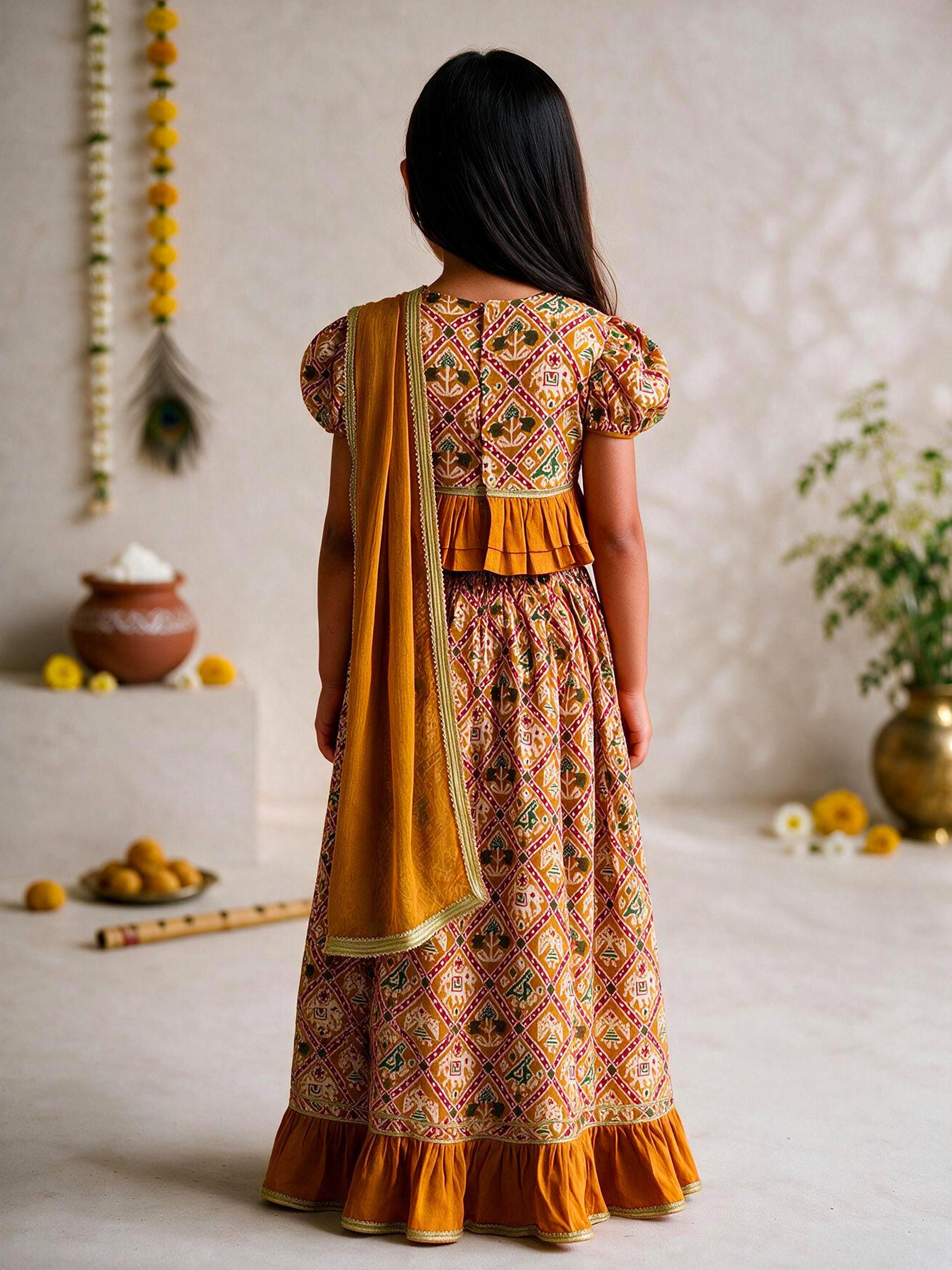 Girls's Mustard Cotton-Blend Ikkat Cropped Length Lehenga With Choli And Dupatta Set