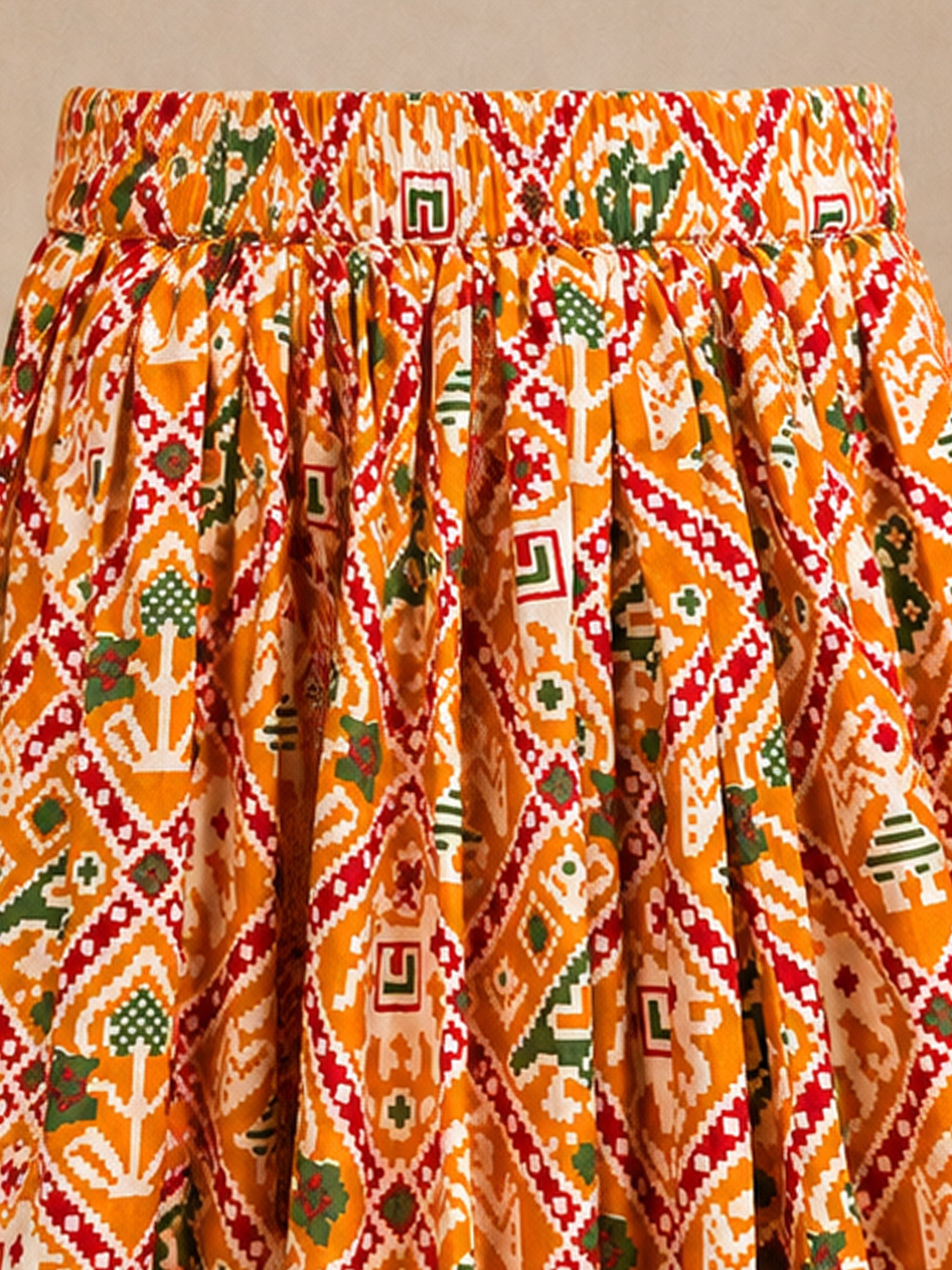 Girls's Mustard Cotton-Blend Ikkat Cropped Length Lehenga With Choli And Dupatta Set