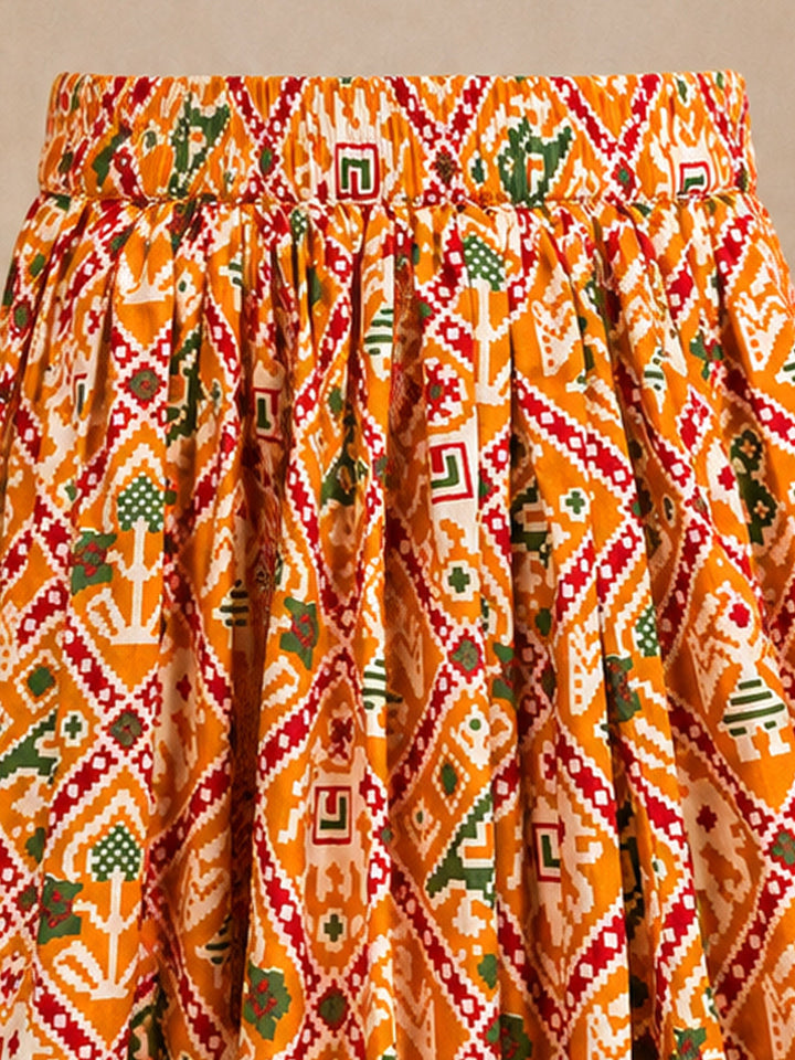 Girls Mustard Cotton-Blend Cropped Length Lehenga With Choli And Dupatta Set