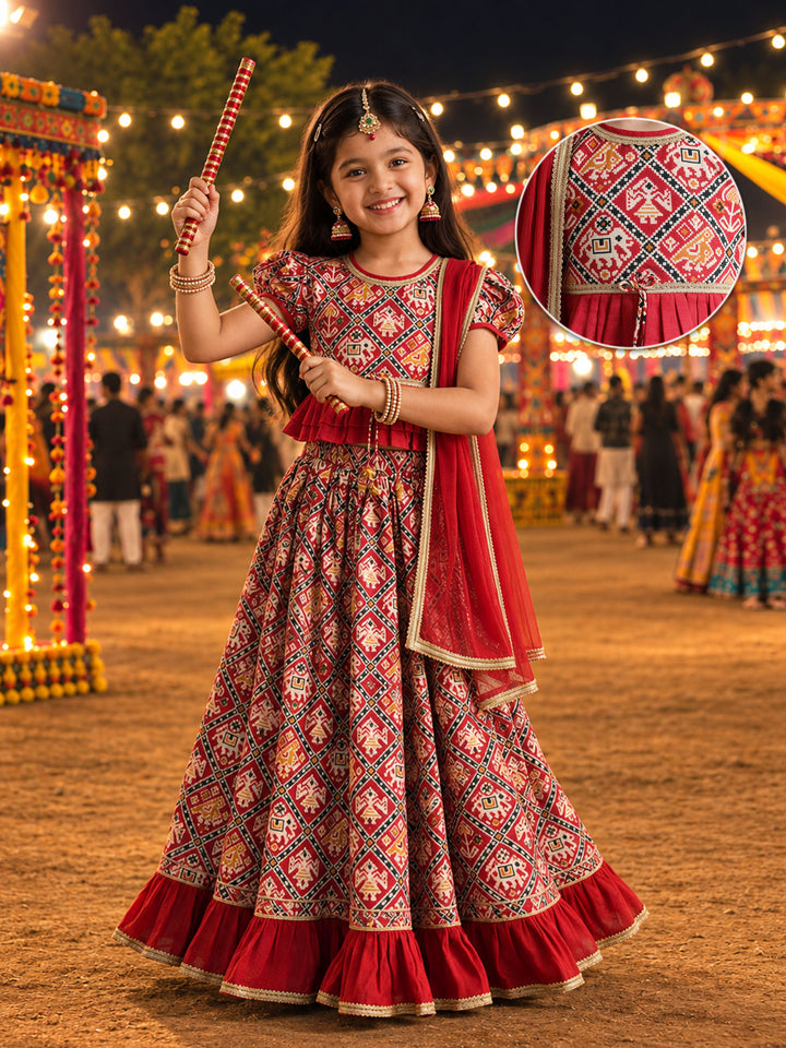 Girls Red Patola Cotton-Blend Cropped Length Lehenga With Choli And Dupatta Set
