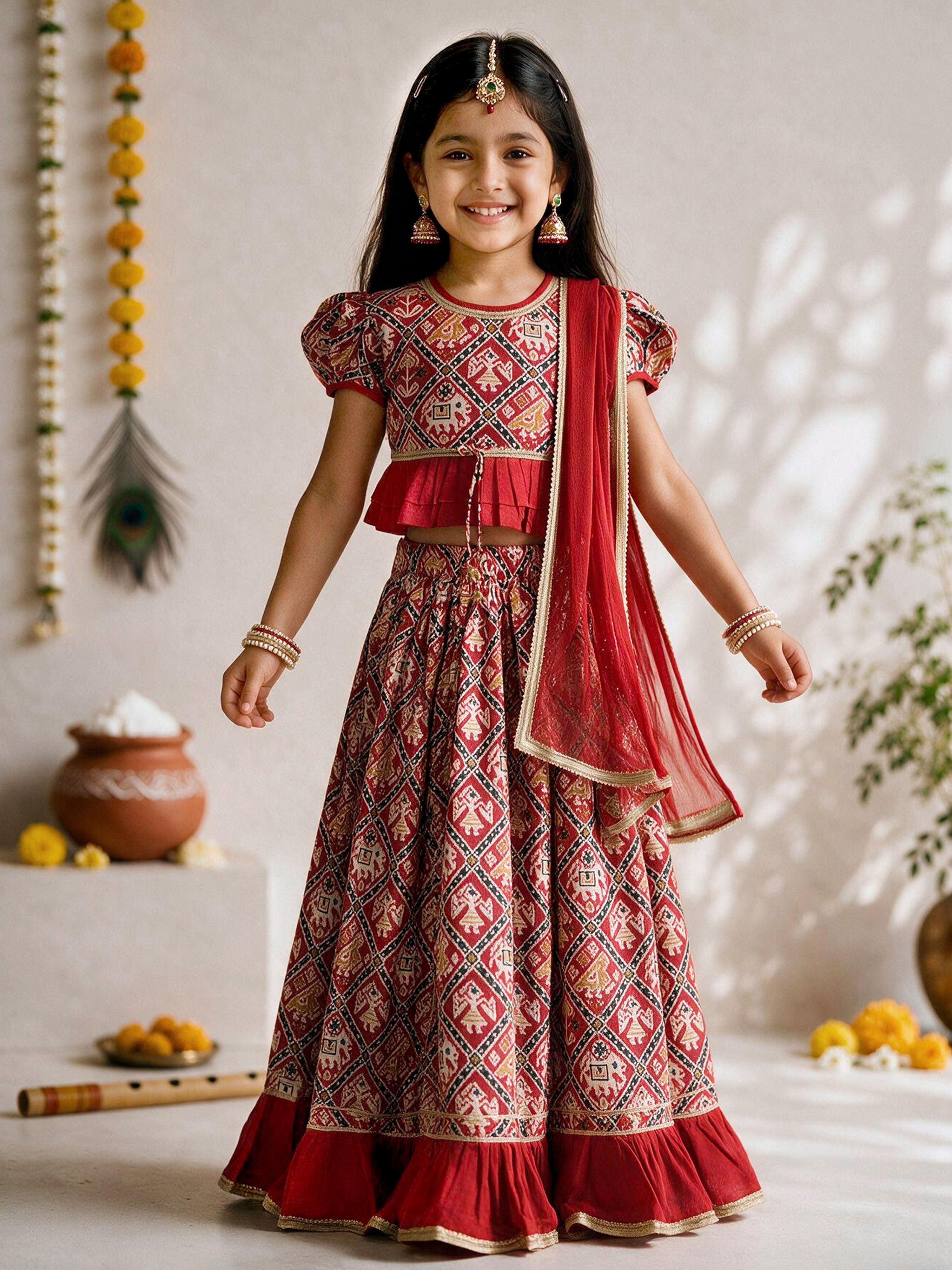 Girls Red Cotton-Blend Patola Print Lehenga Set