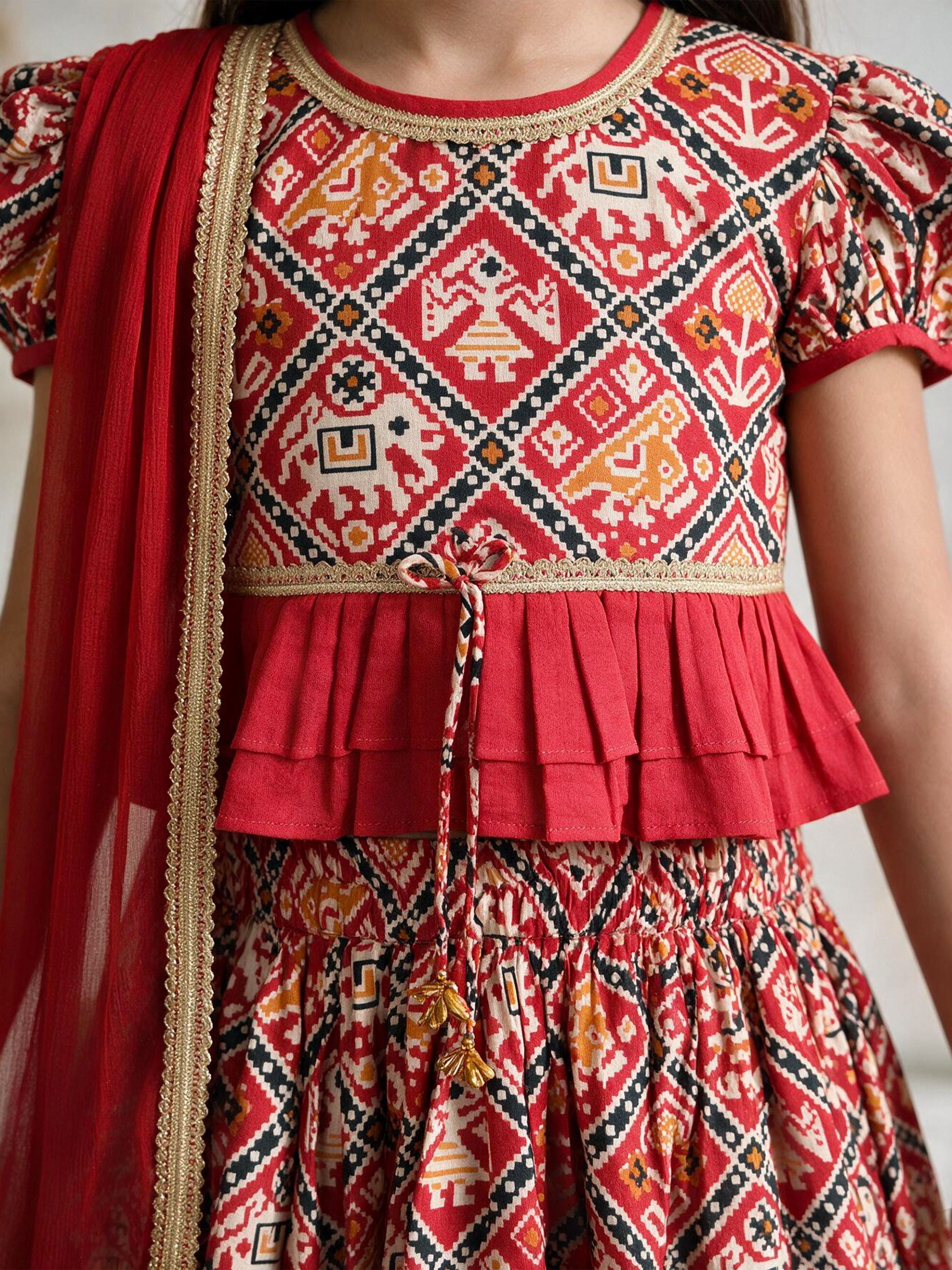 Girls's Red Cotton-Blend Ikkat Cropped Length Lehenga With Choli And Dupatta Set