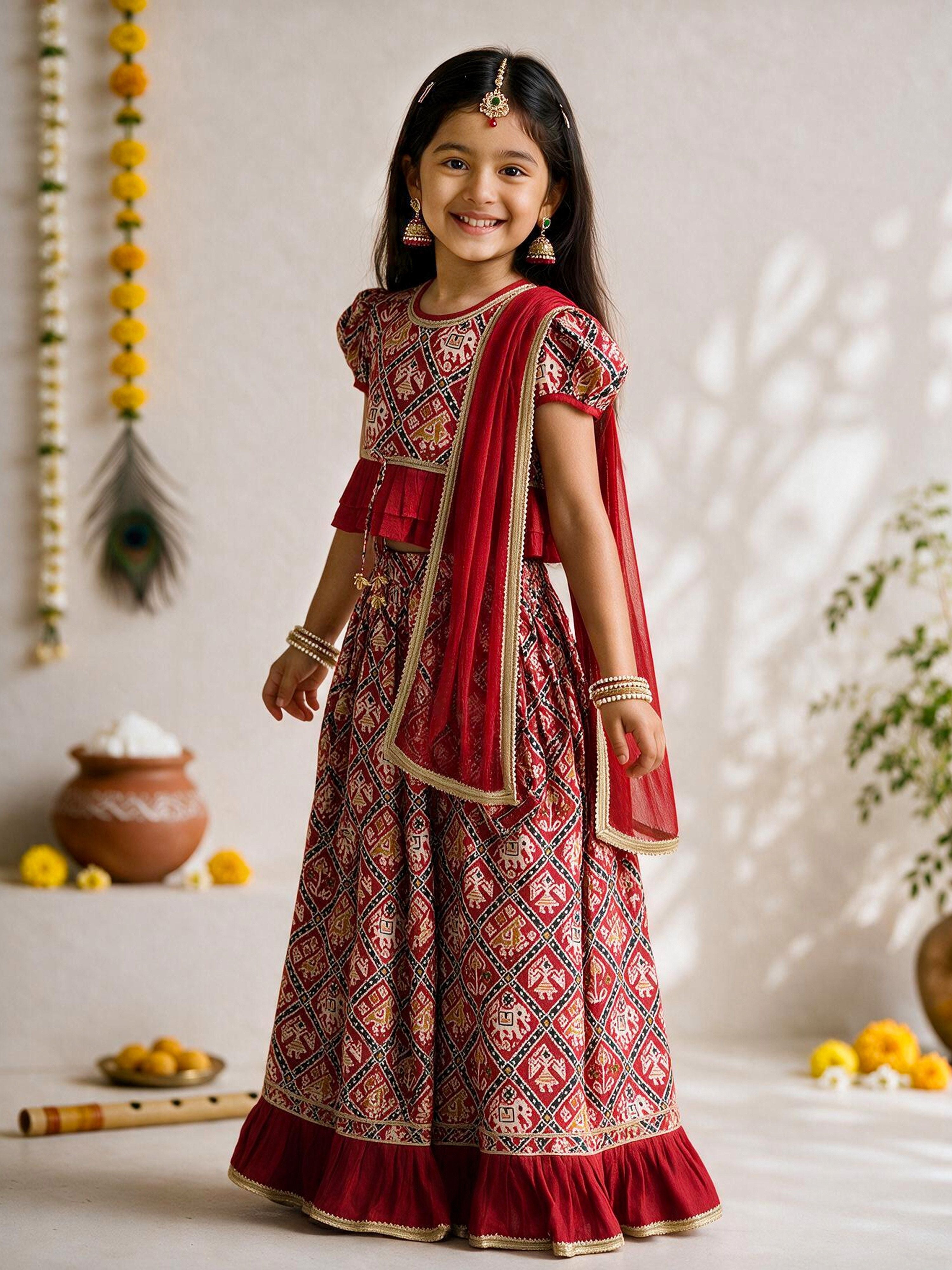 Girls's Red Cotton-Blend Ikkat Cropped Length Lehenga With Choli And Dupatta Set