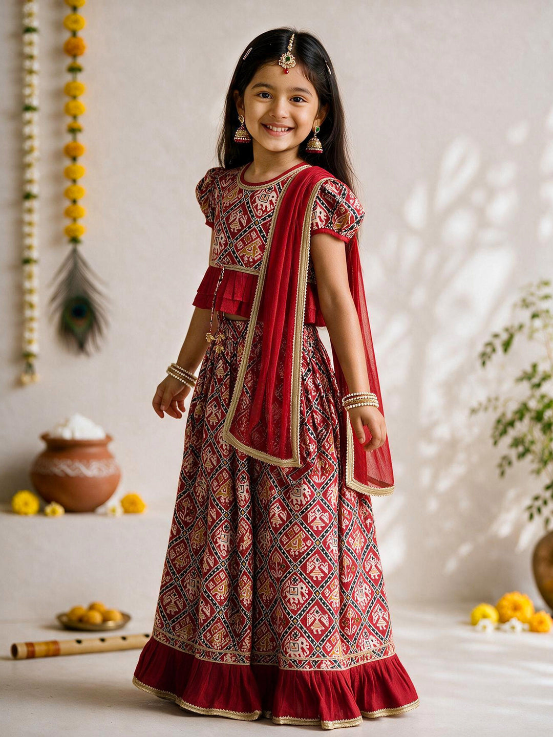 Girls Red Cotton-Blend Cropped Length Lehenga With Choli And Dupatta Set