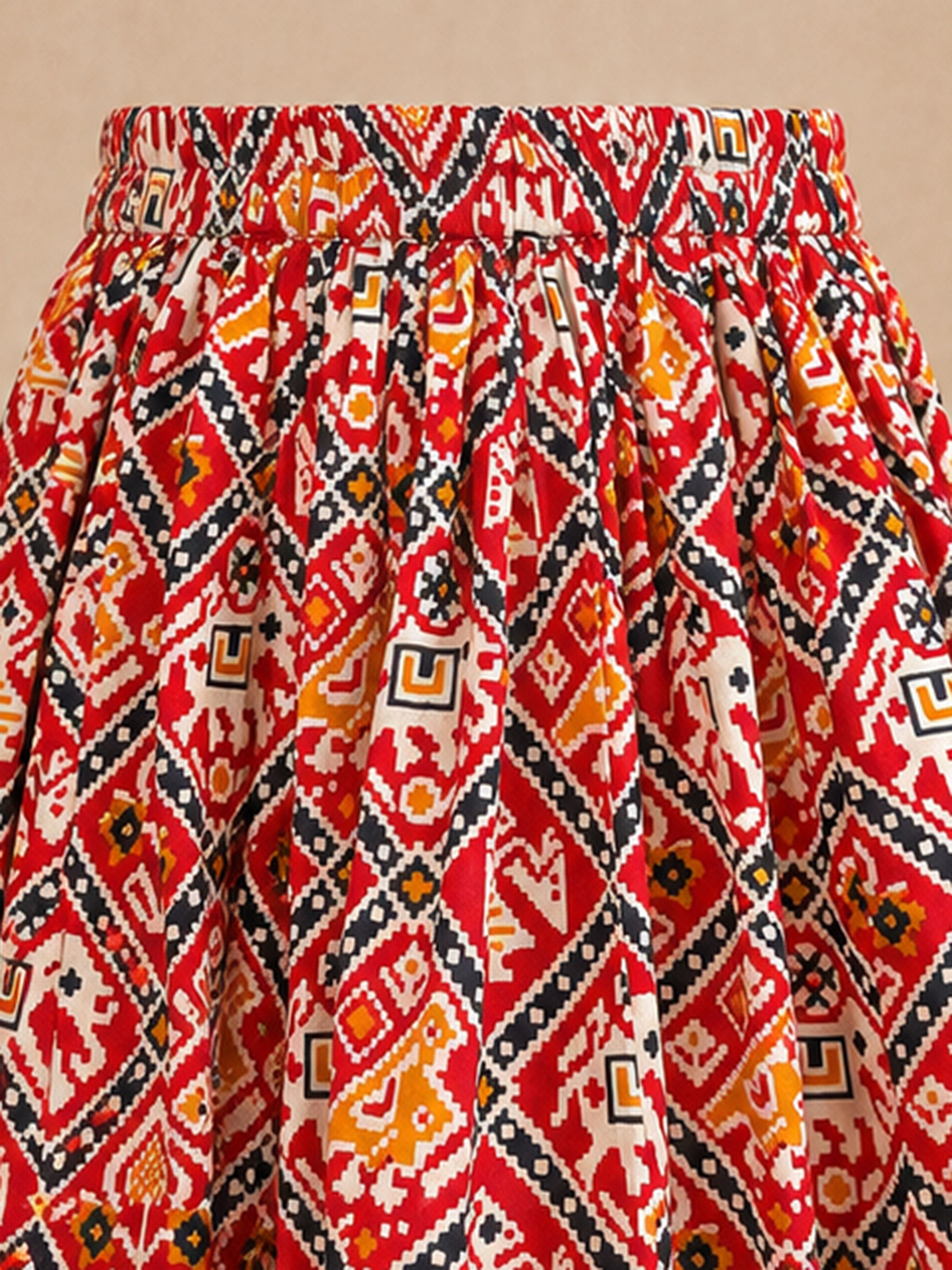 Girls's Red Cotton-Blend Ikkat Cropped Length Lehenga With Choli And Dupatta Set