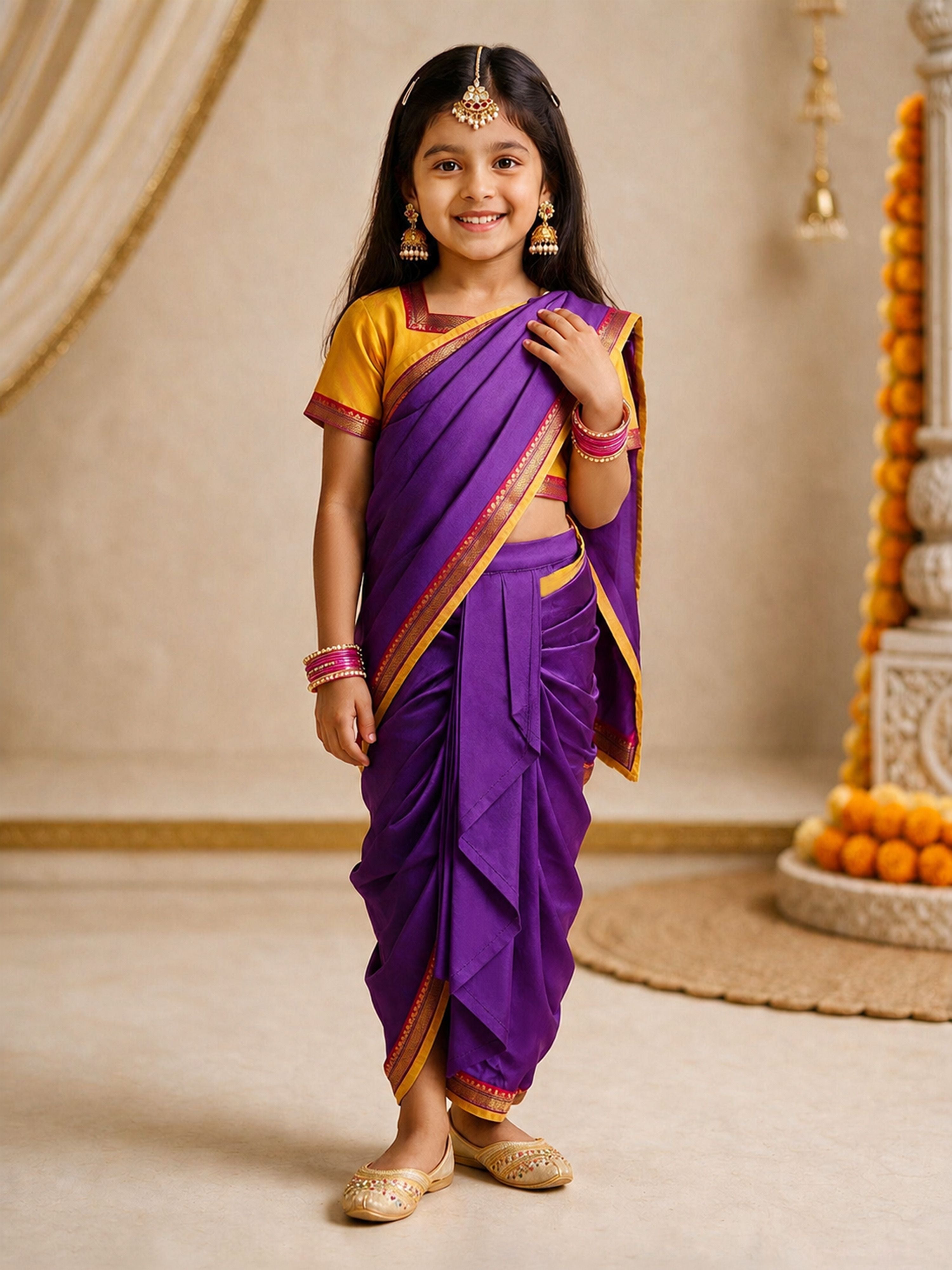 Girls Purple Viscose Ready-to-Wear Saree Set with Blouse