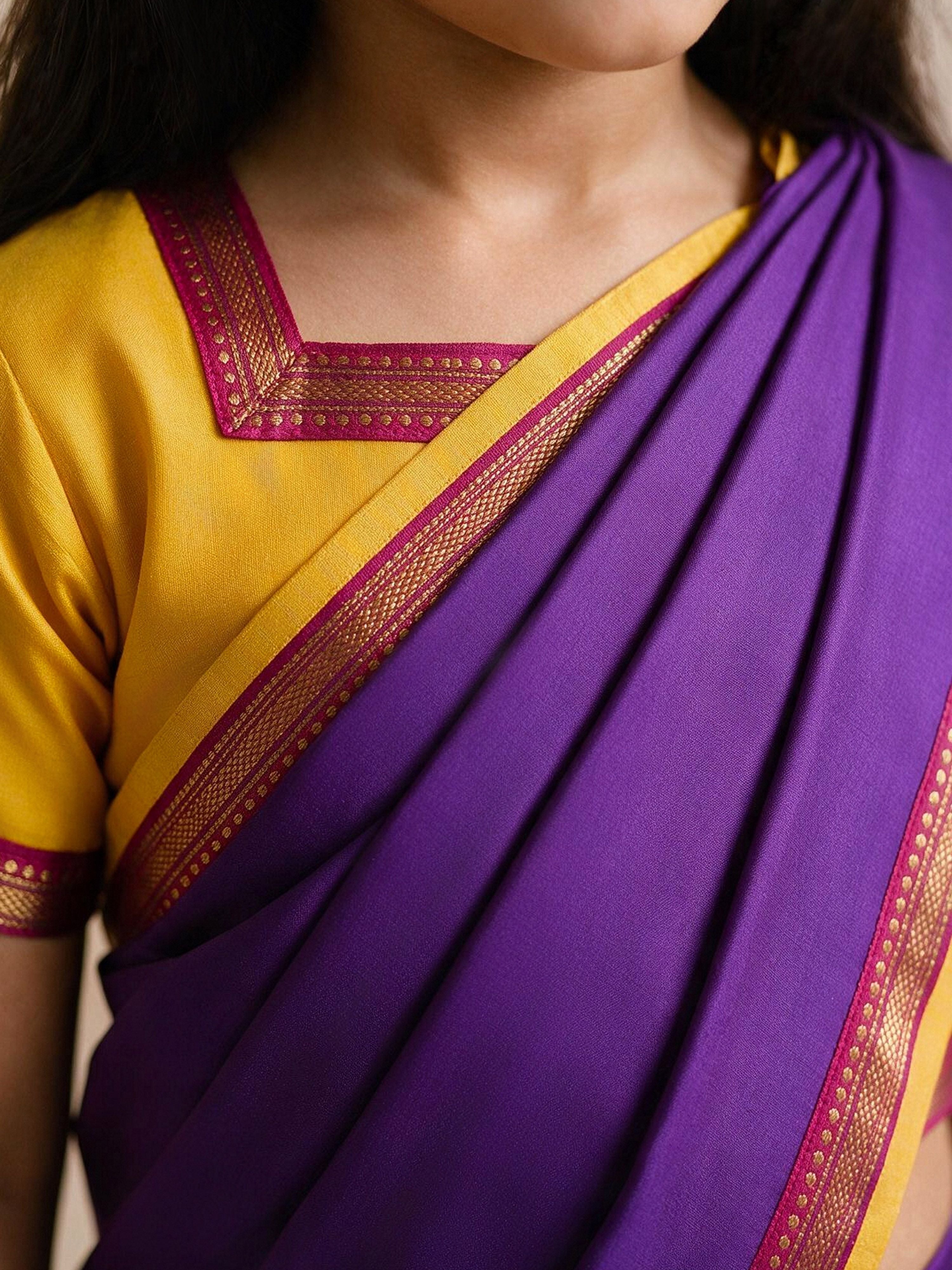 Girls's Purple Viscose Hem Design Ready To Wear Saree