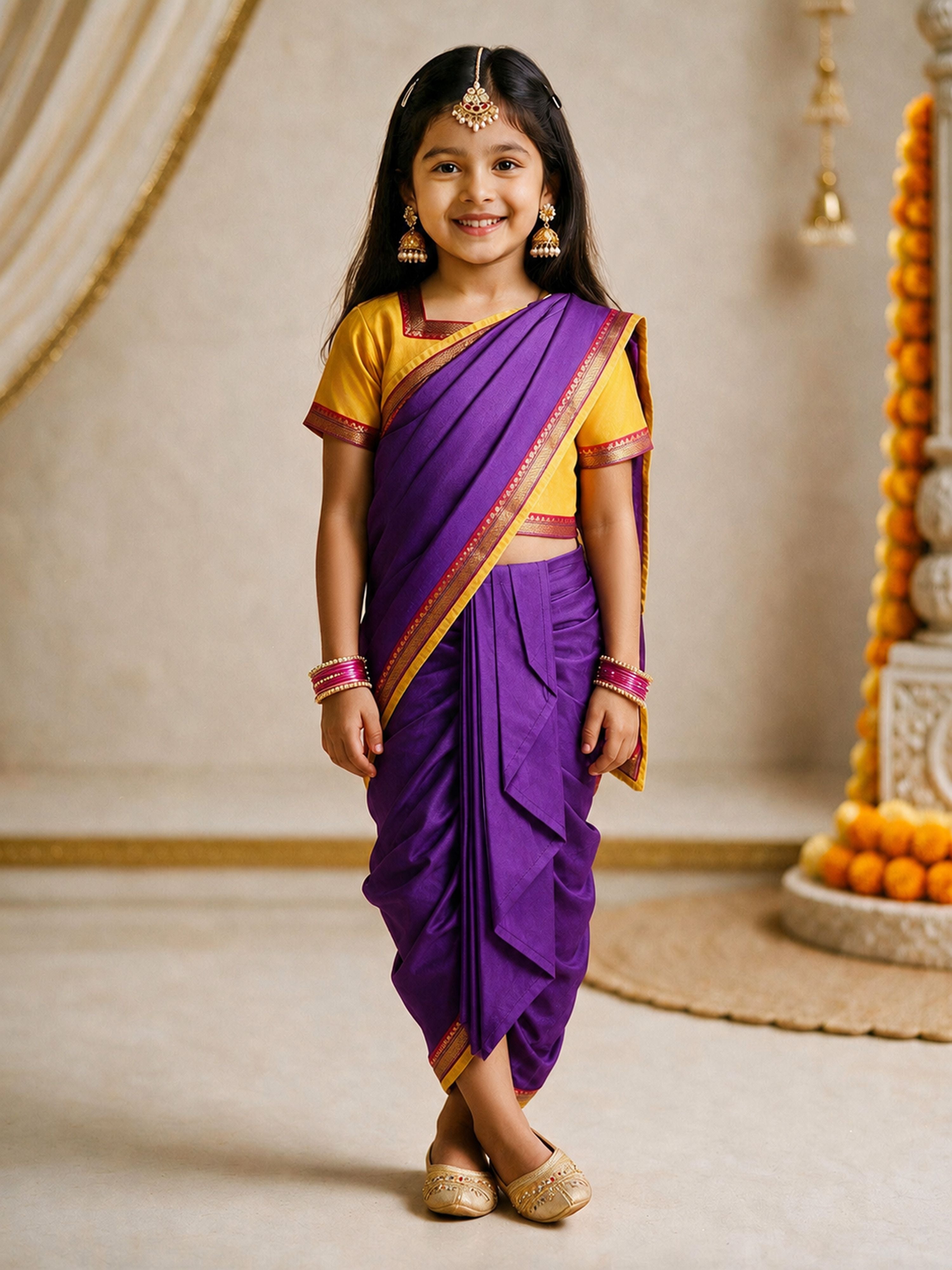 Girls's Purple Viscose Hem Design Ready To Wear Saree