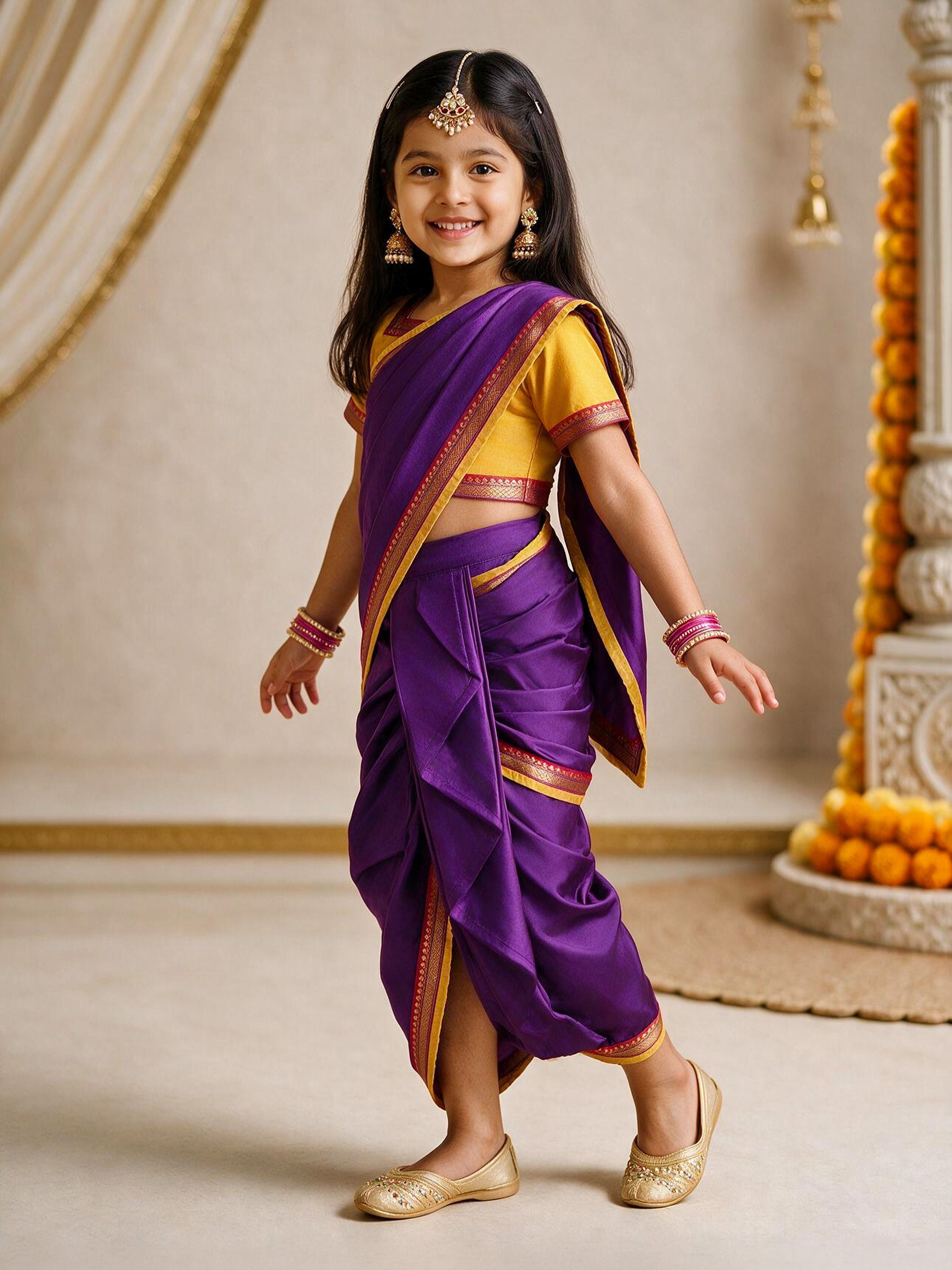 Girls's Purple Viscose Hem Design Ready To Wear Saree