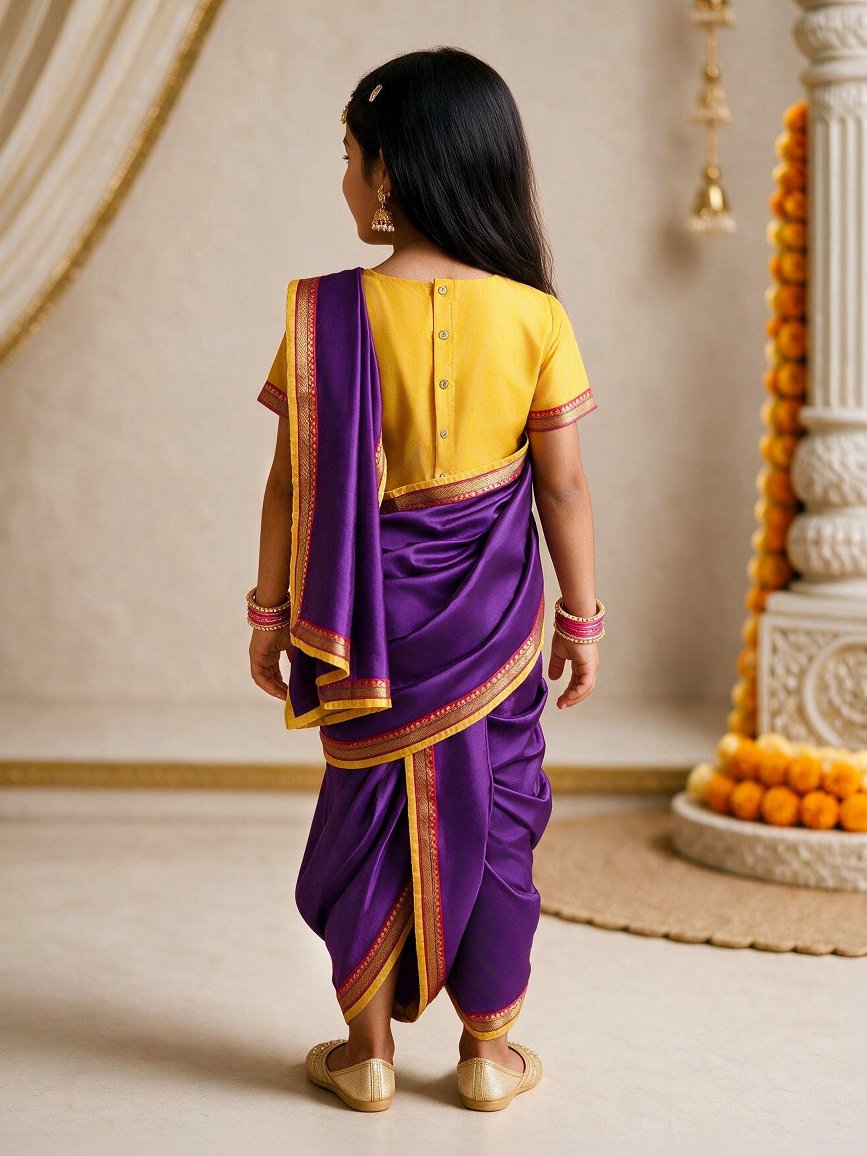 Girls's Purple Viscose Hem Design Ready To Wear Saree