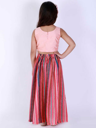 Vastramay Girl's Pink Striped Skirt With Pink Crop Top