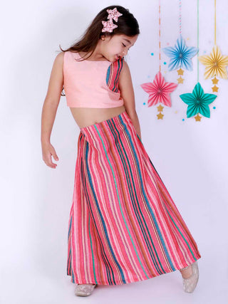 Vastramay Girl's Pink Striped Skirt With Pink Crop Top