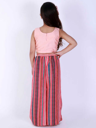 Vastramay Girl's Pink Striped Palazzo With Pink Crop Top