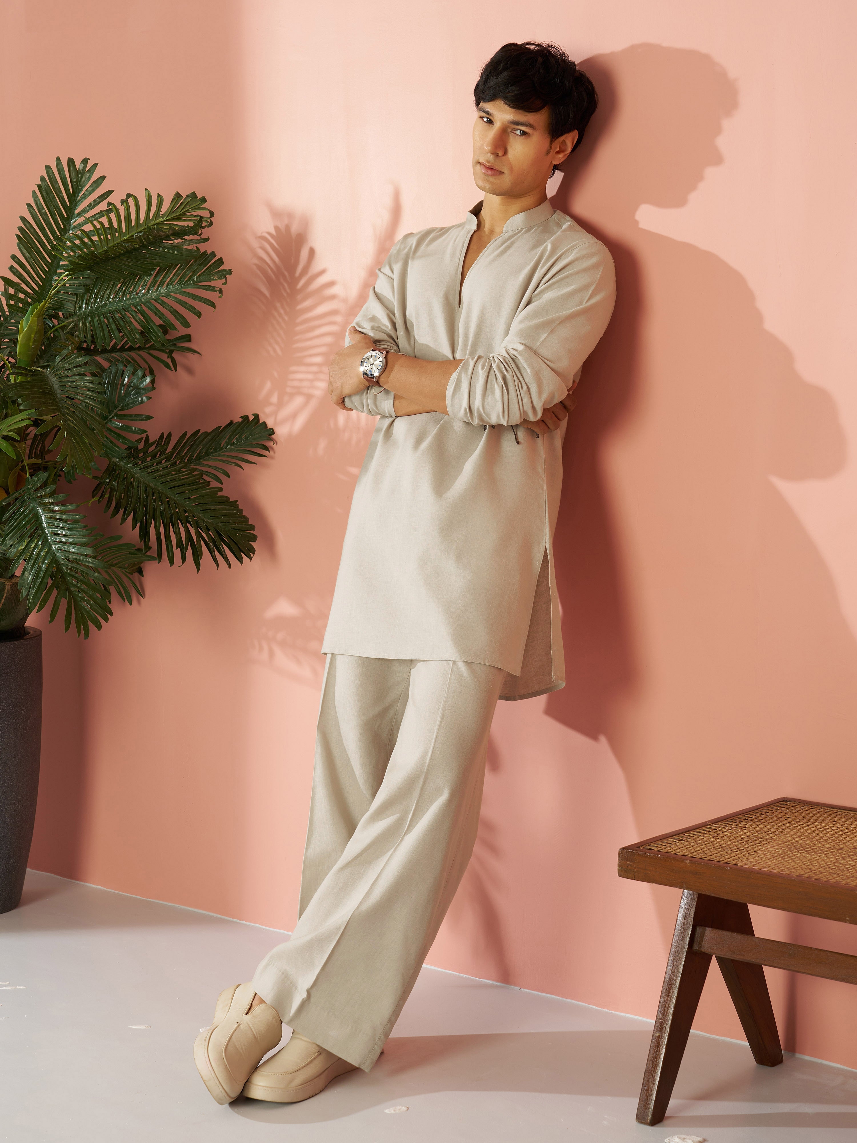 Men Beige Cotton Linen Solid Co-ord Set | Wide Leg