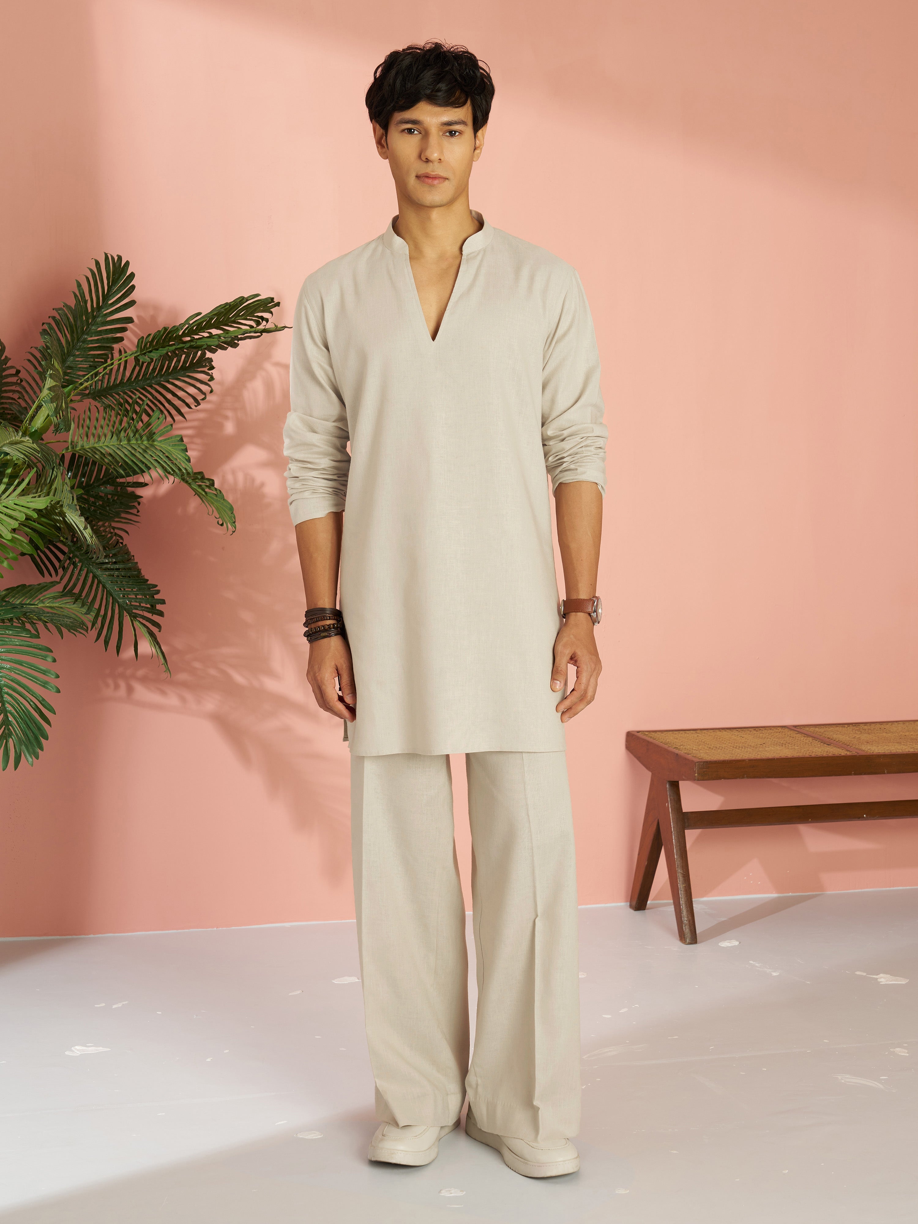 Men's Beige Cotton Linen Solid Thigh Length Co-ord Set with Wide Leg Pant