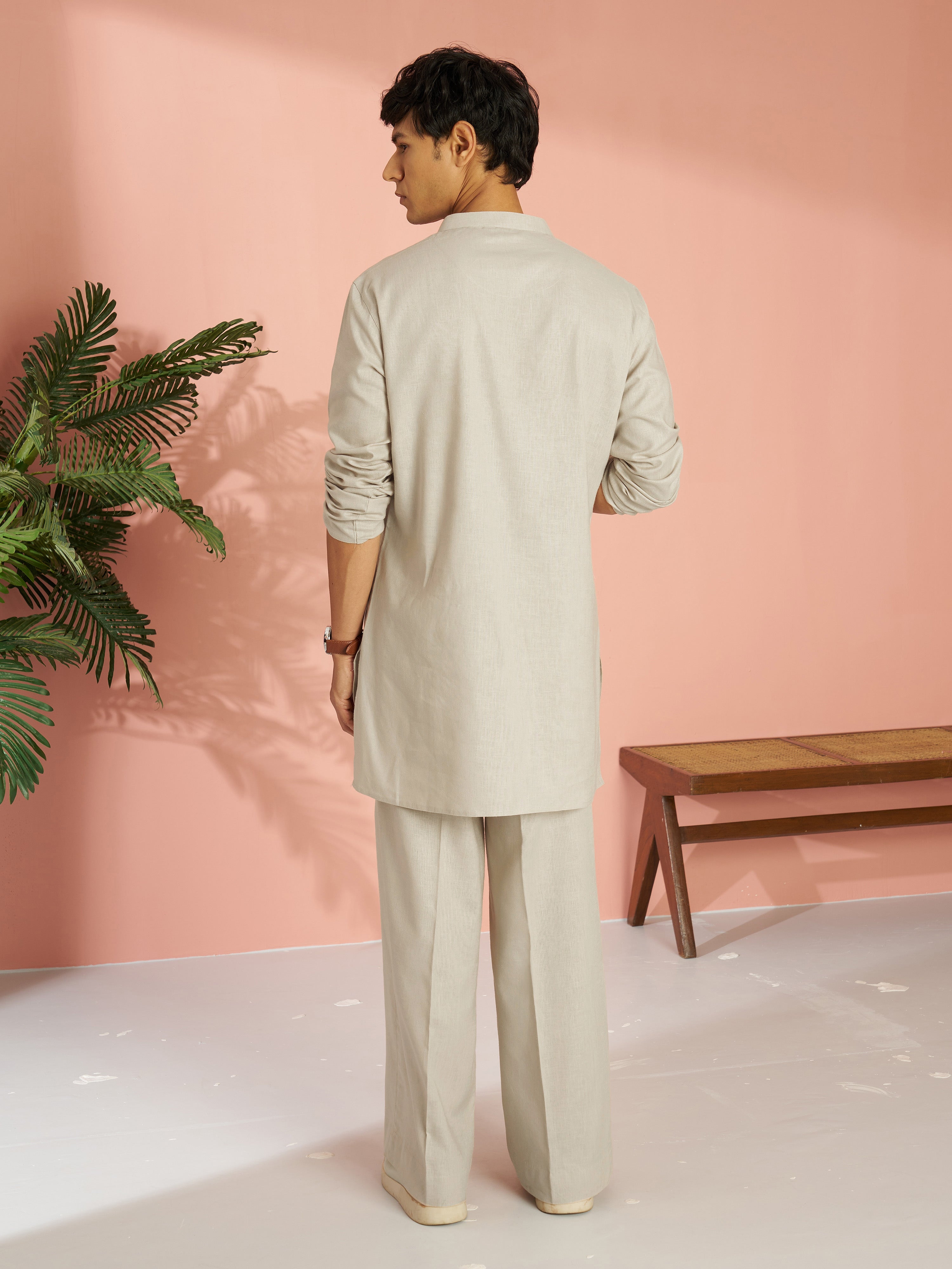 Men's Beige Cotton Linen Solid Thigh Length Co-ord Set with Wide Leg Pant