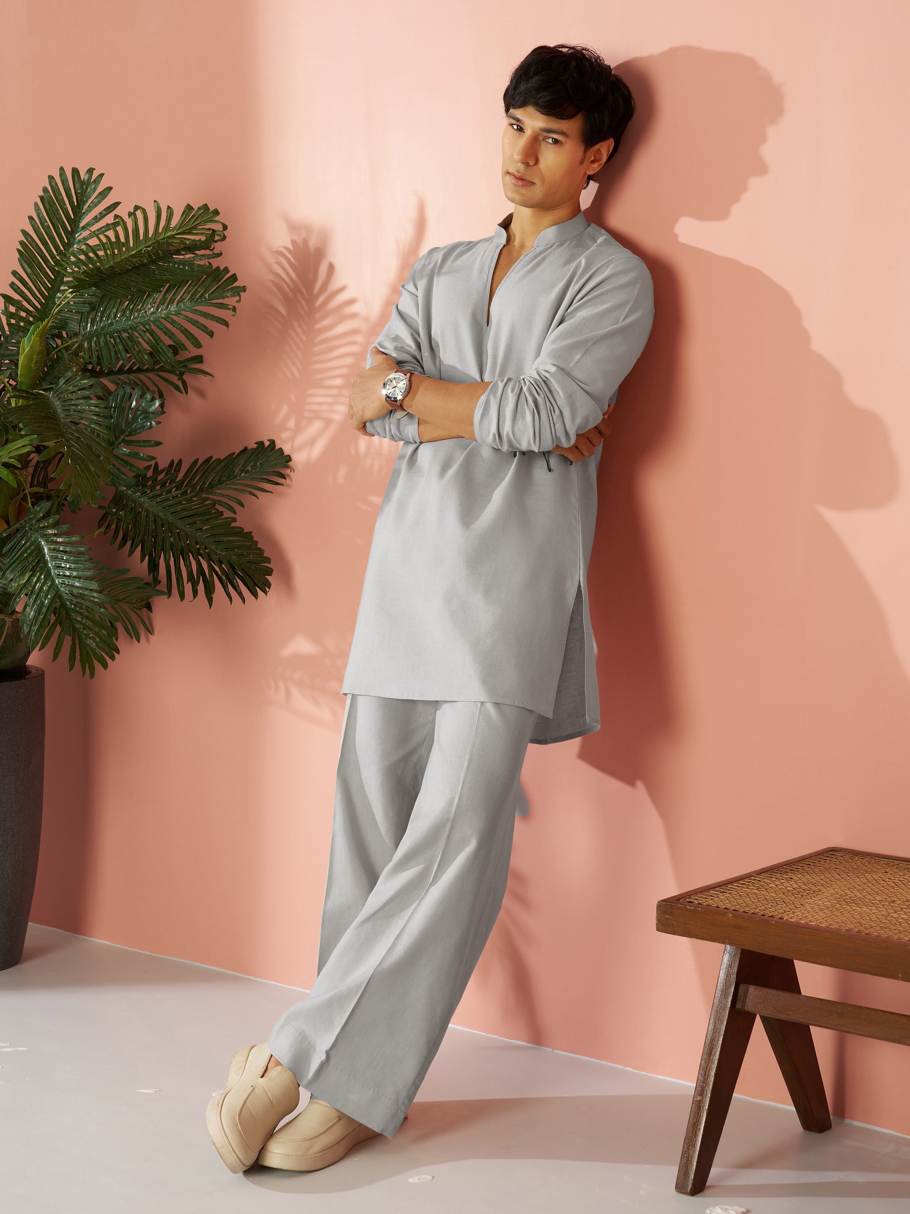 Men's Grey Cotton Linen Solid Co-ord Set | Wide Leg