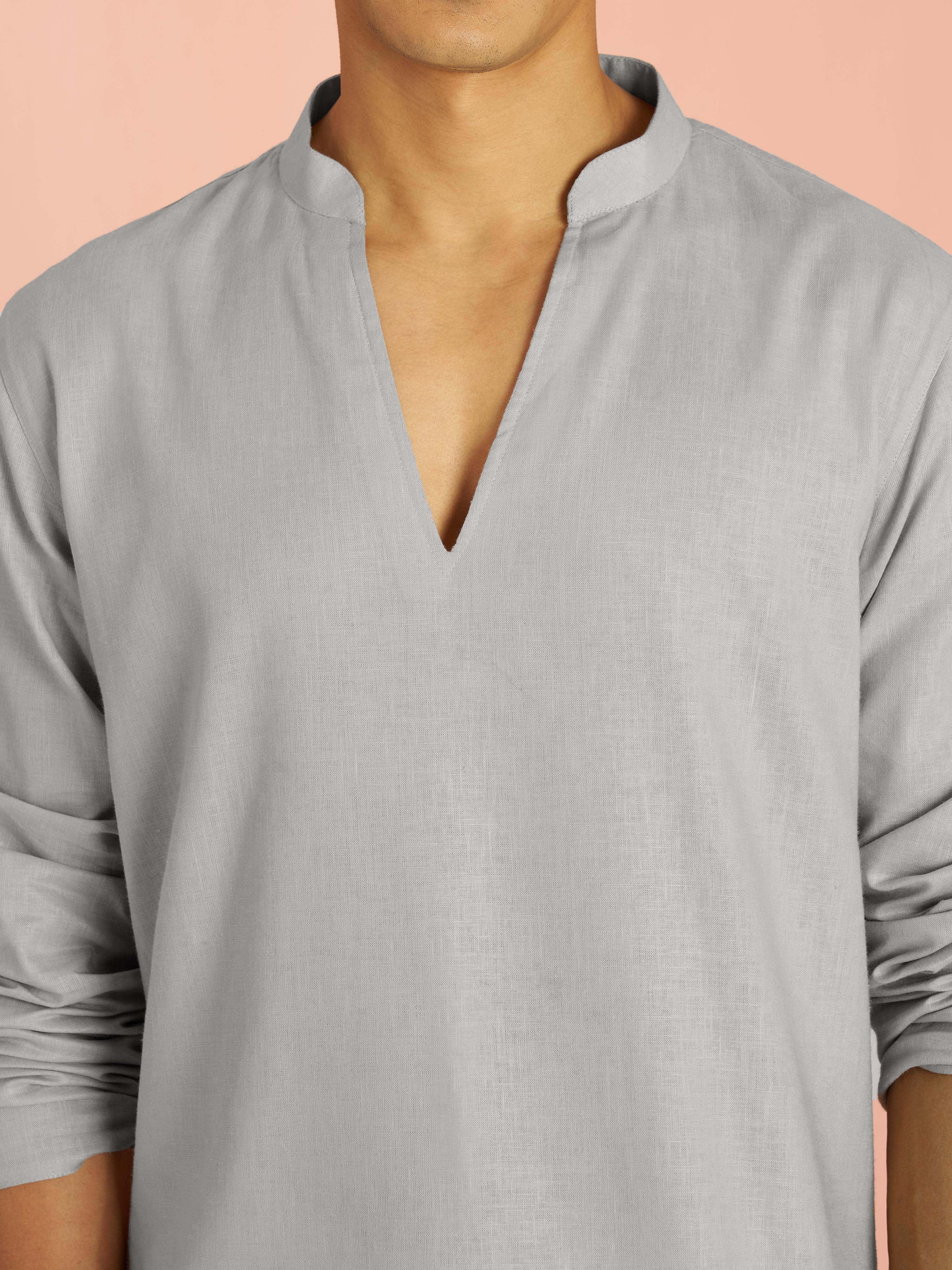 Men's Grey Cotton Linen Solid Thigh Length Co-ord Set with Wide Leg Pant