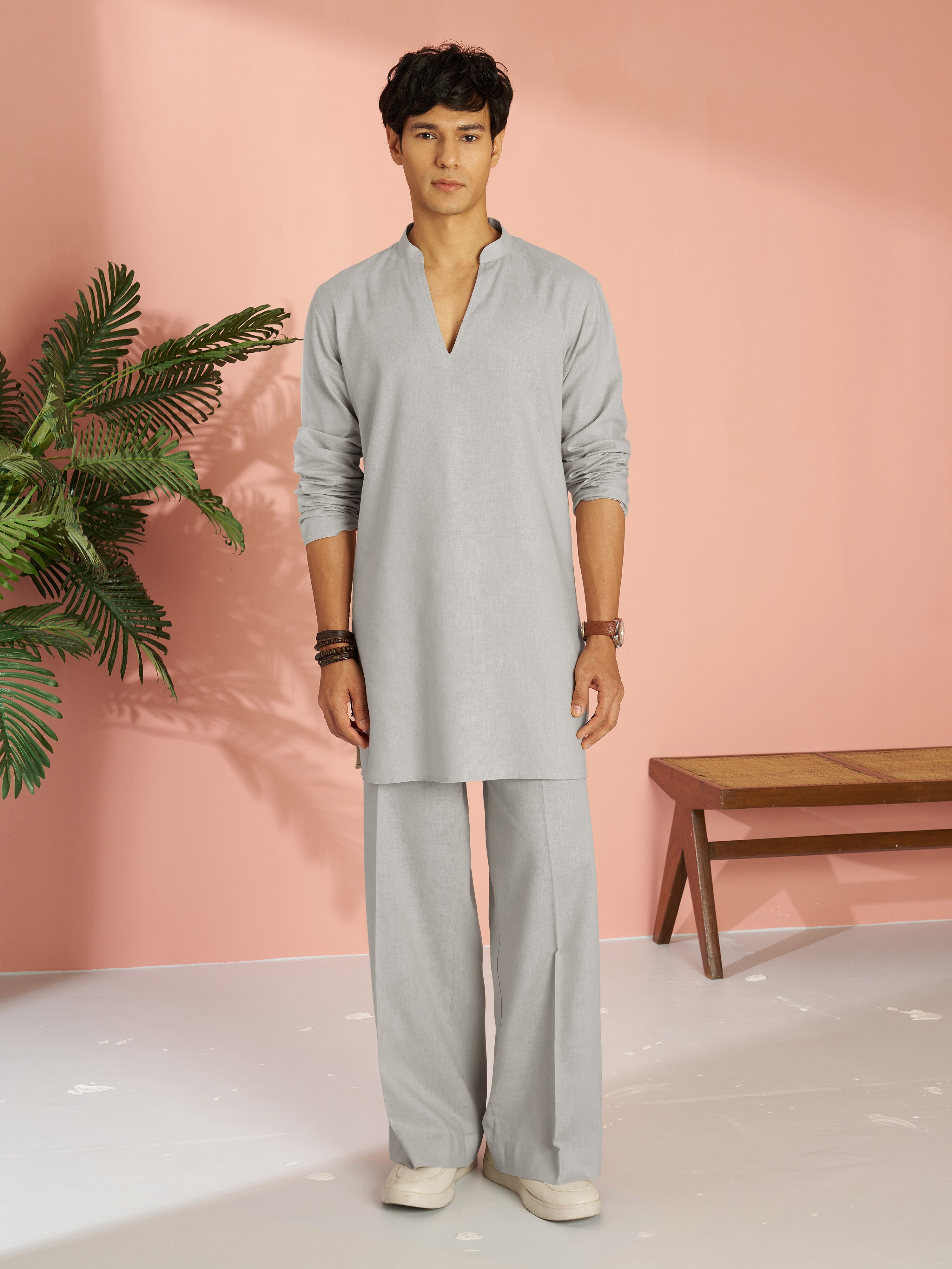 Men's Grey Cotton Linen Solid Thigh Length Co-ord Set with Wide Leg Pant
