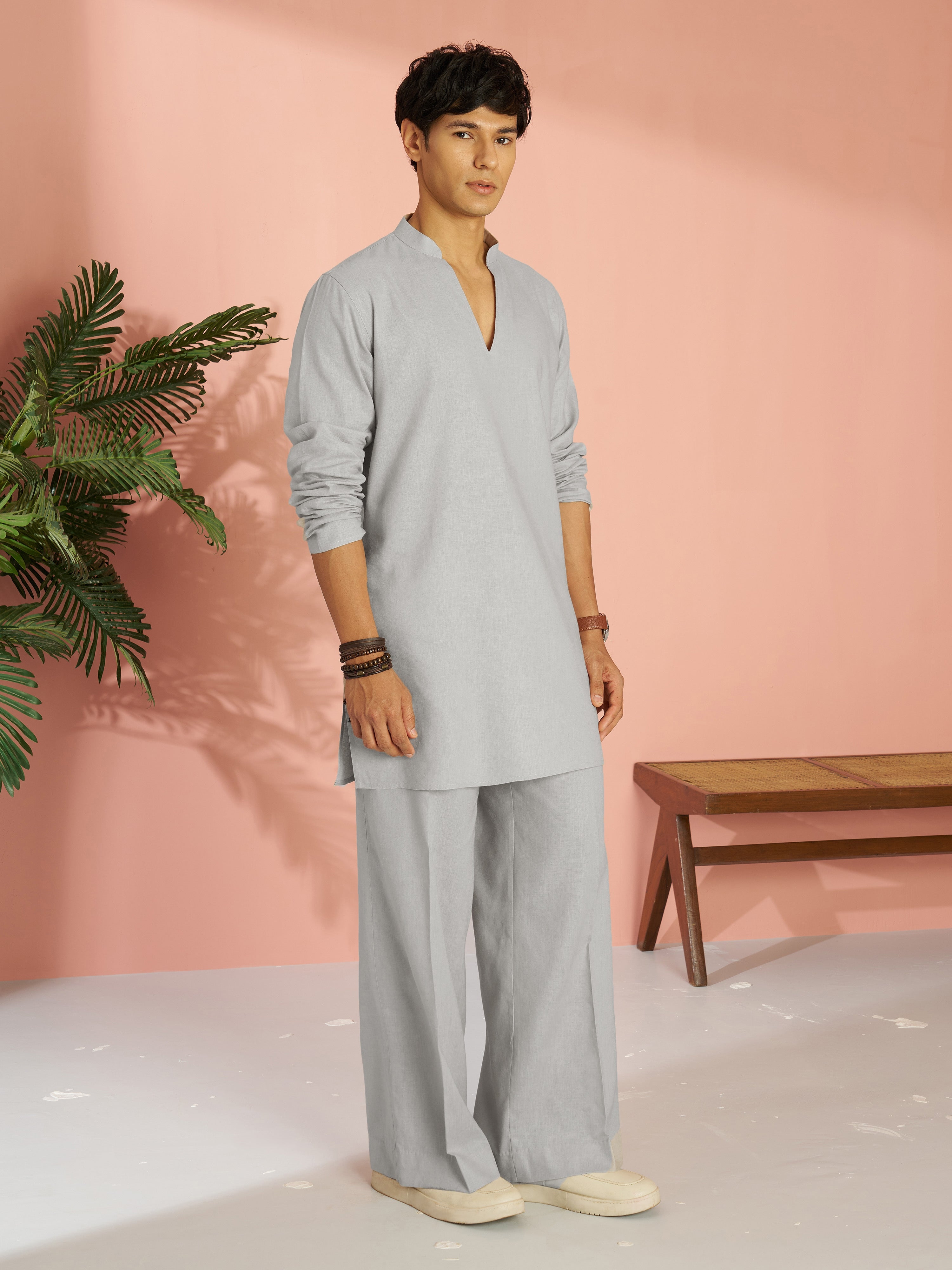 Men's Grey Cotton Linen Solid Thigh Length Co-ord Set with Wide Leg Pant
