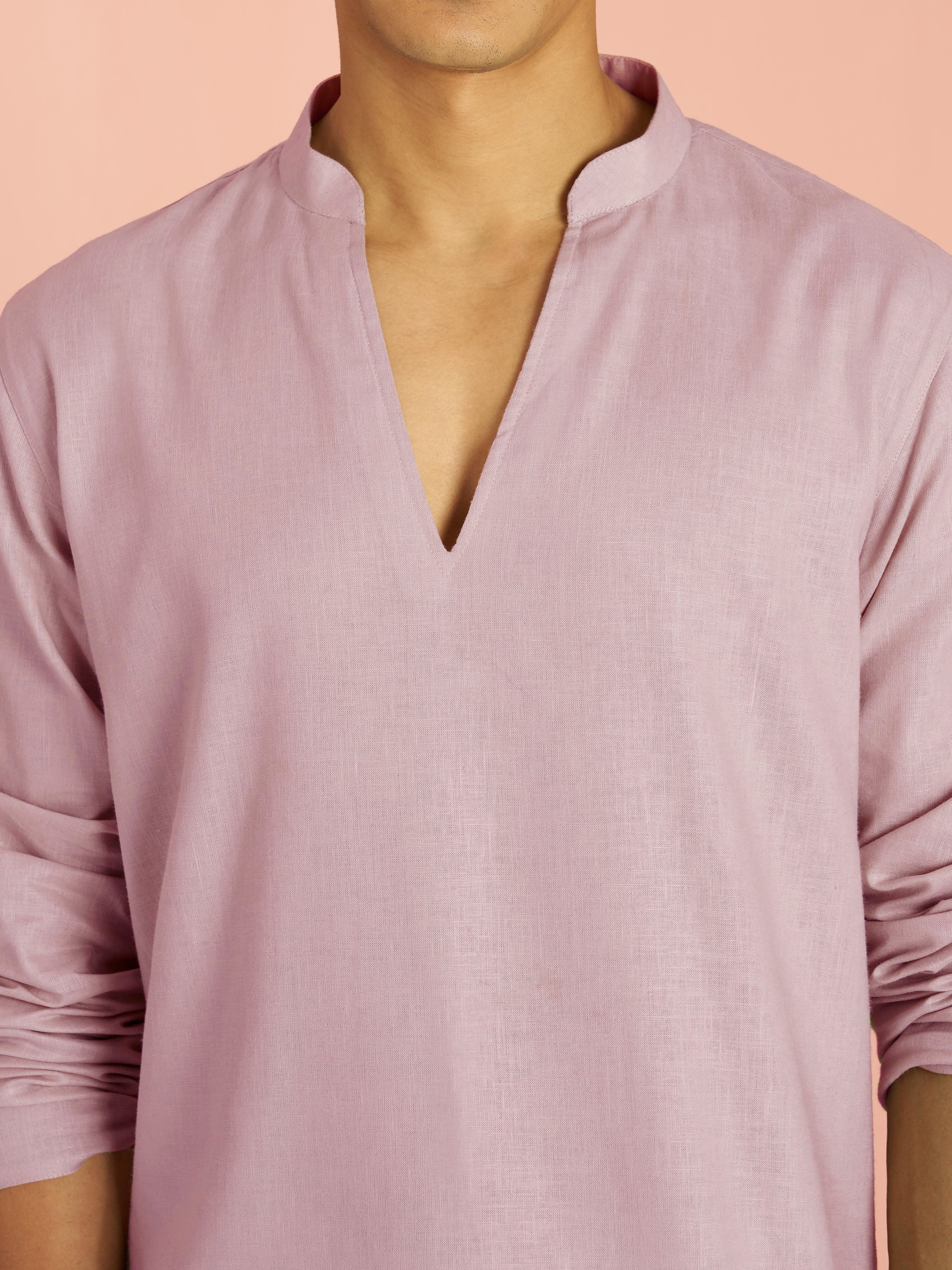 Men's Light Pink Cotton Linen Solid Thigh Length Co-ord Set with Wide Leg Pant