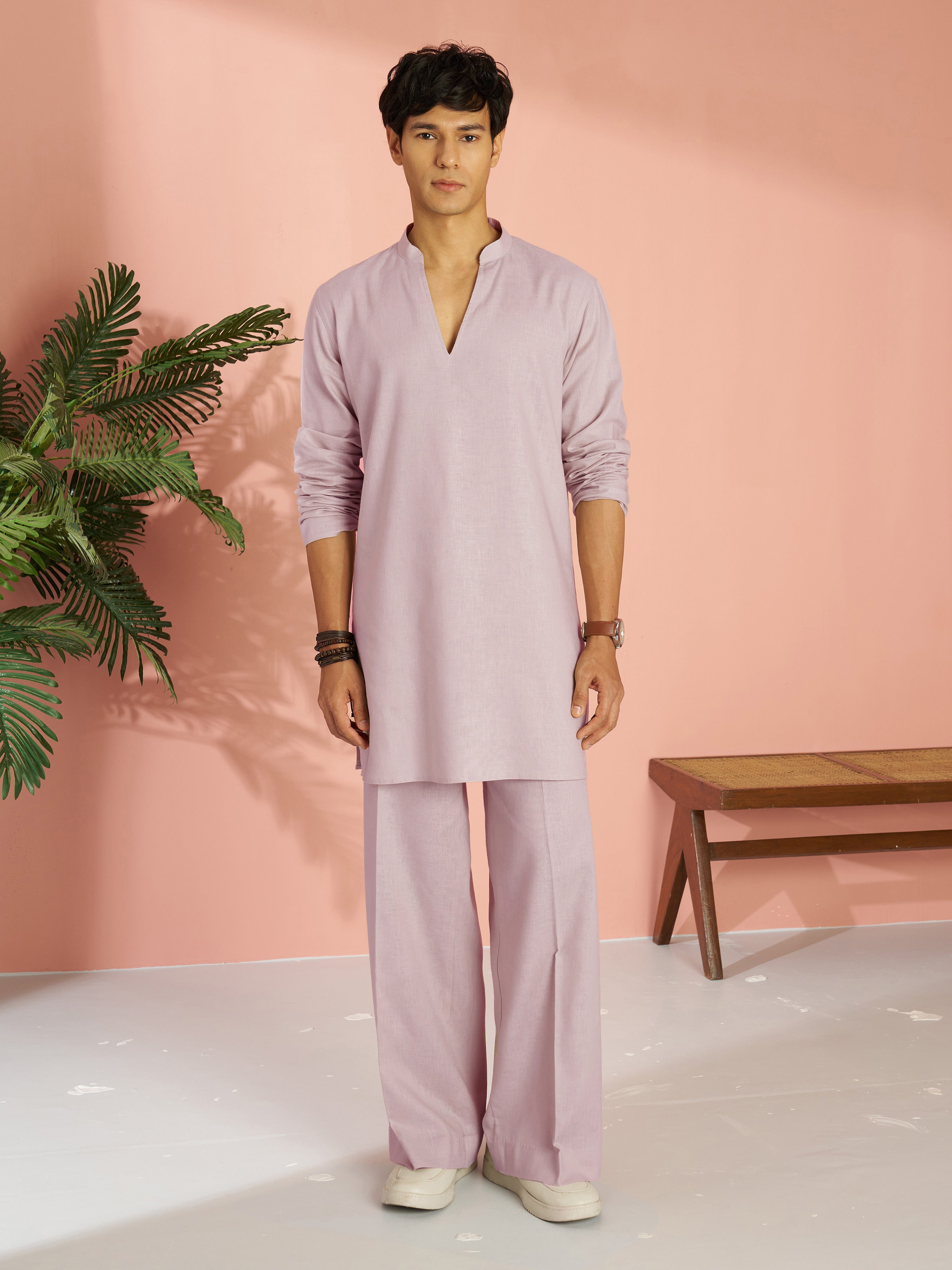Men's Light Pink Cotton Linen Solid Thigh Length Co-ord Set with Wide Leg Pant