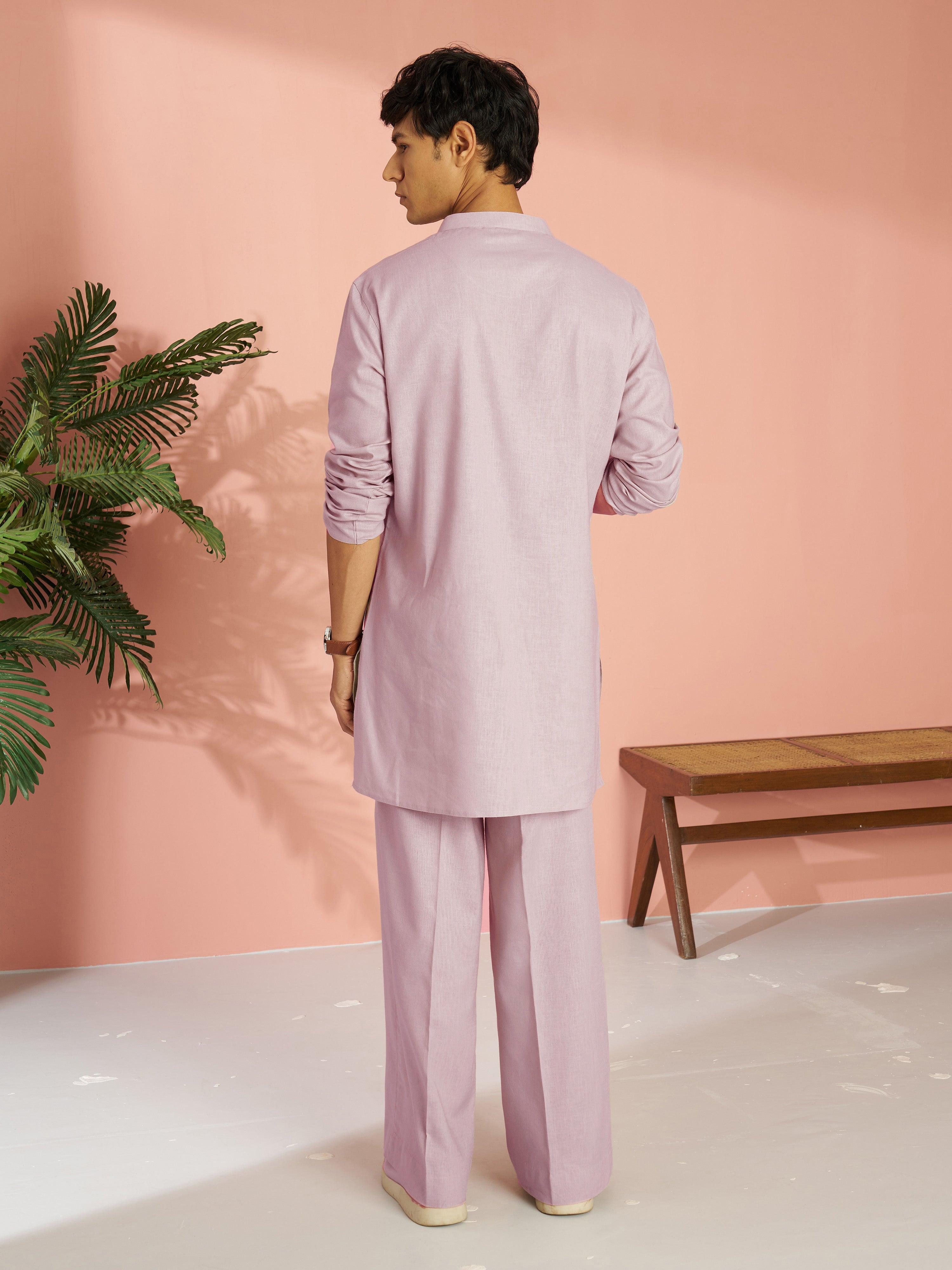 Men's Light Pink Cotton Linen Solid Thigh Length Co-ord Set with Wide Leg Pant
