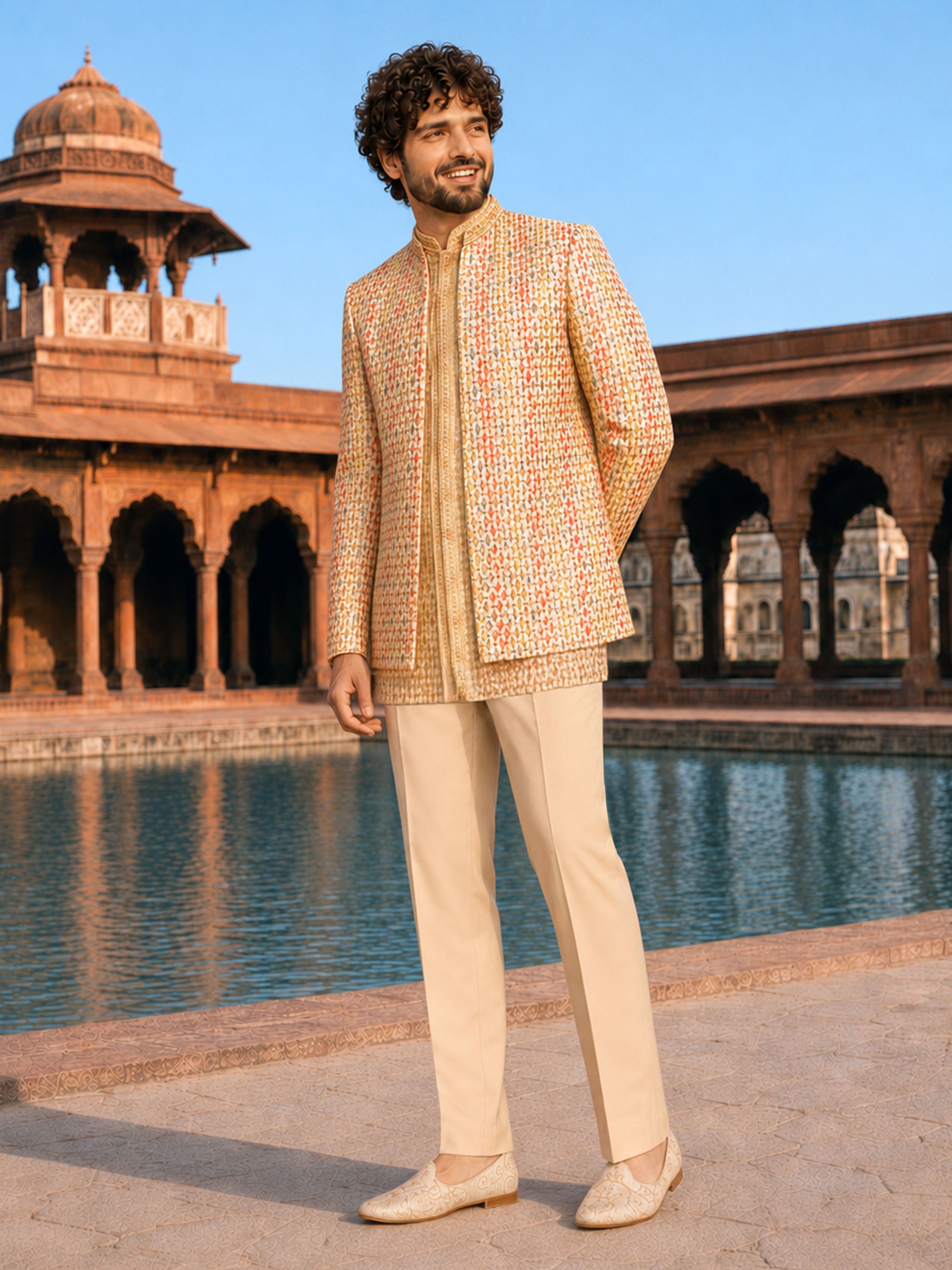 Beige Silk Blend Geometric Jodhpuri Jacket | Bandhgala