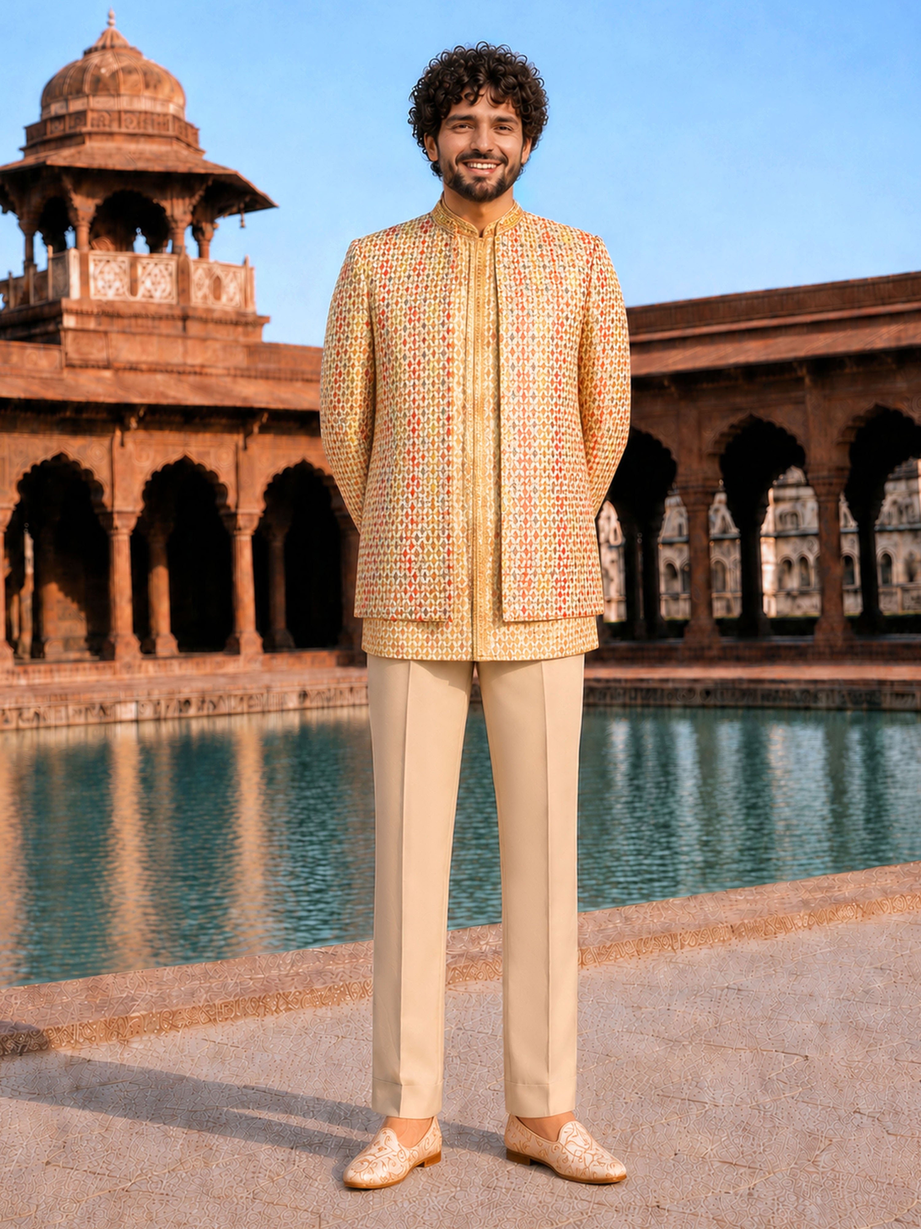 Men's Beige Silk Blend Geometry Regular Jodhpuri Jacket