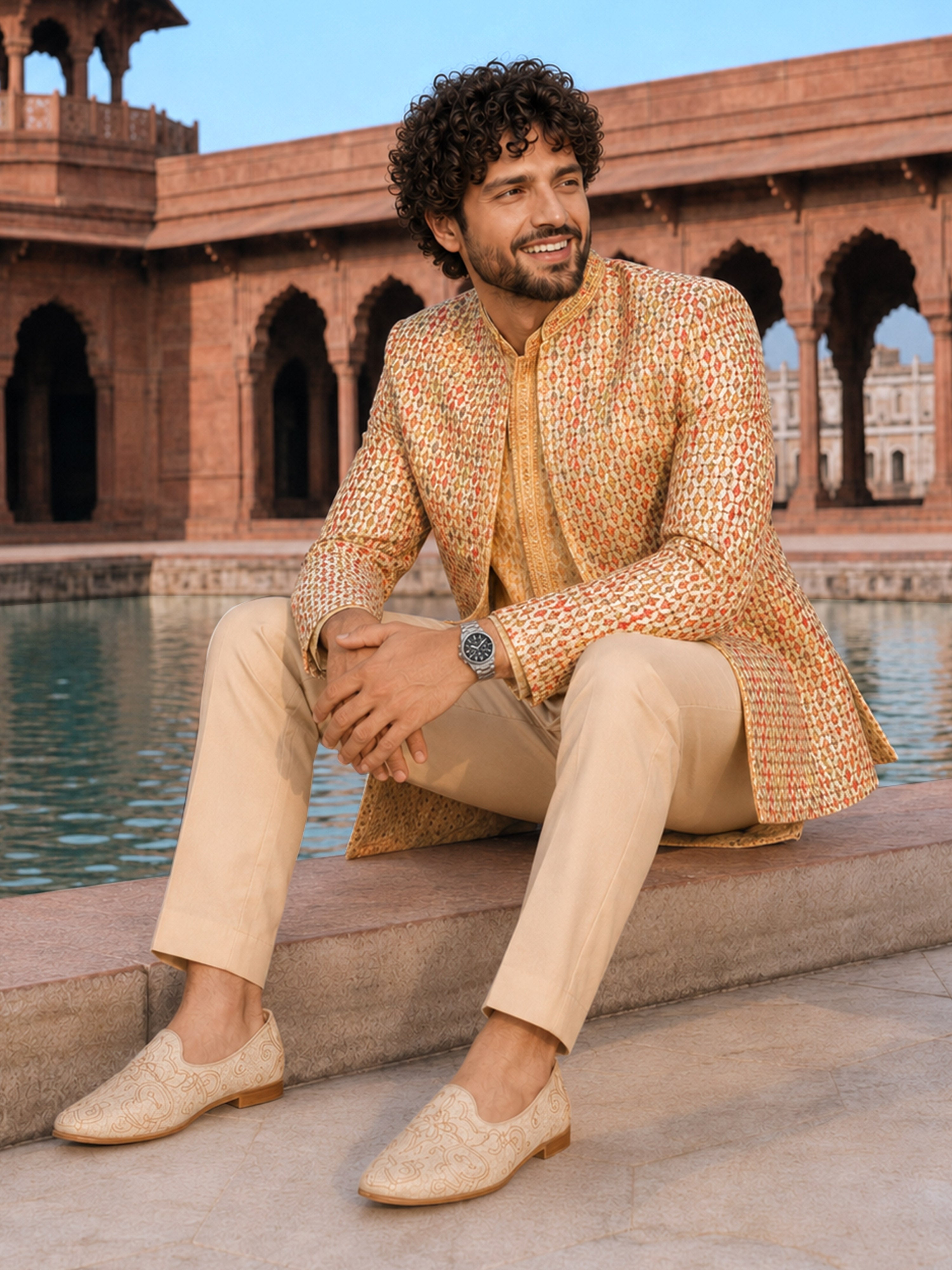 Men's Beige Silk Blend Geometry Regular Jodhpuri Jacket