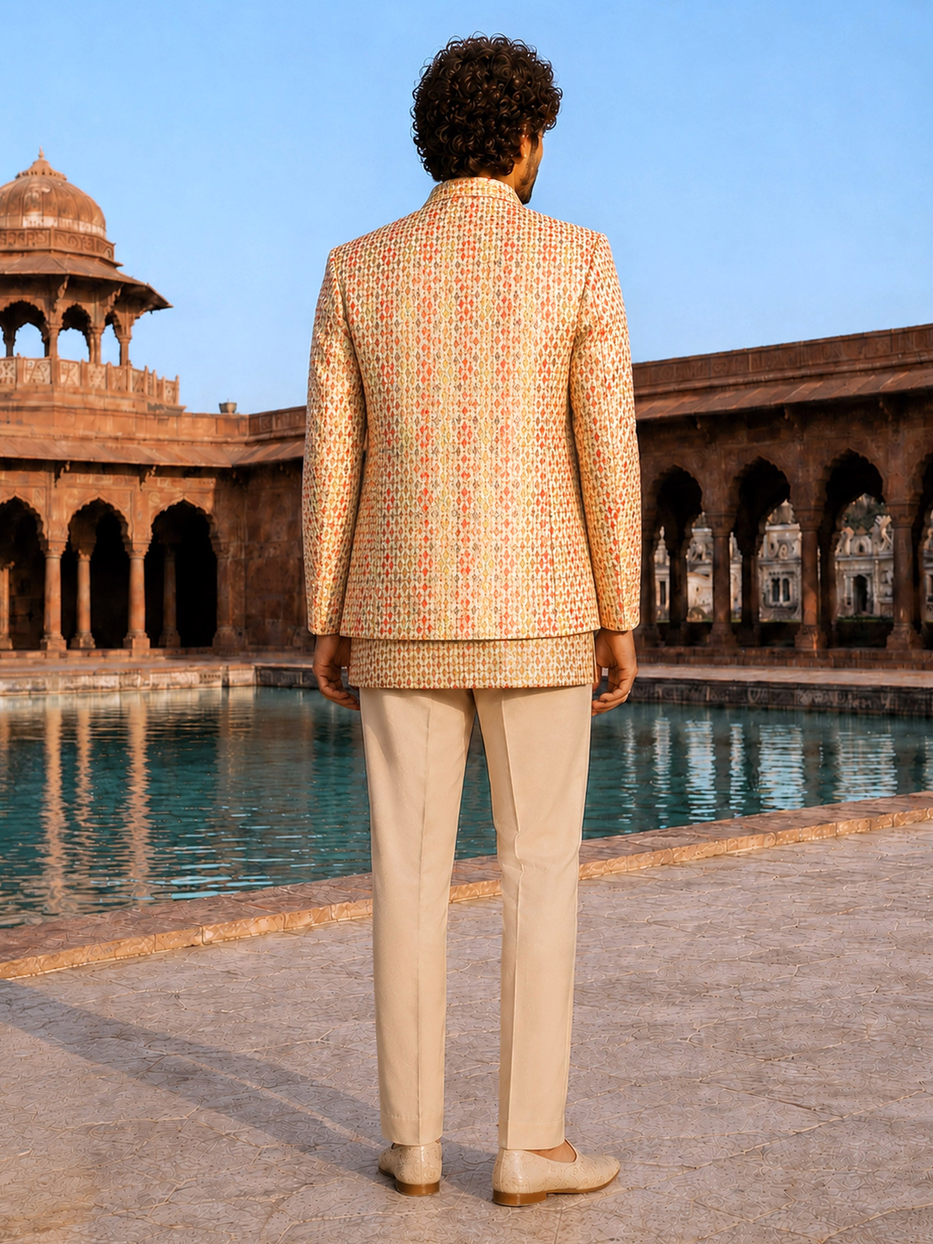 Men's Beige Silk Blend Geometry Regular Jodhpuri Jacket