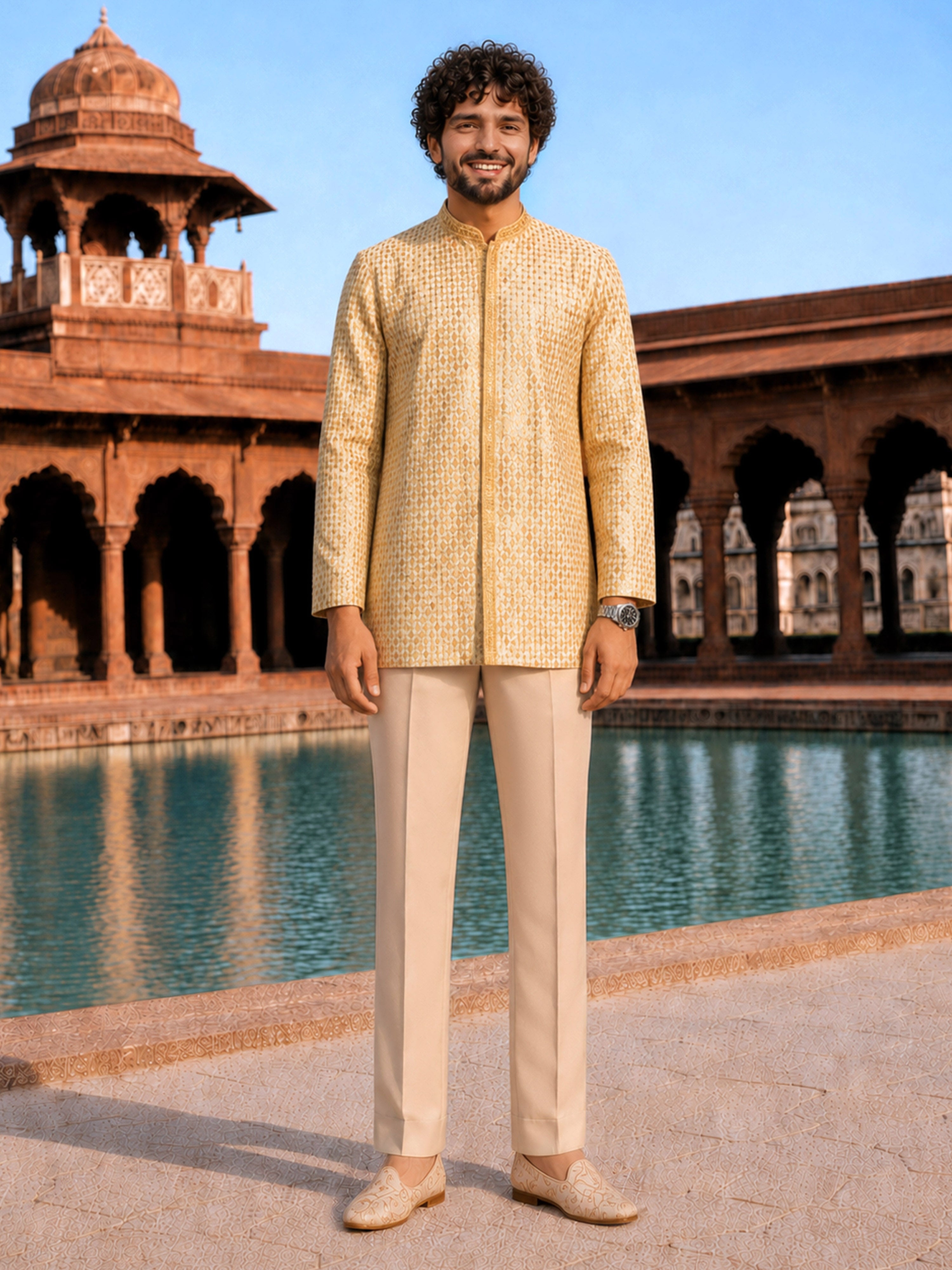 Men's Beige Silk Blend Geometry Regular Jodhpuri Jacket