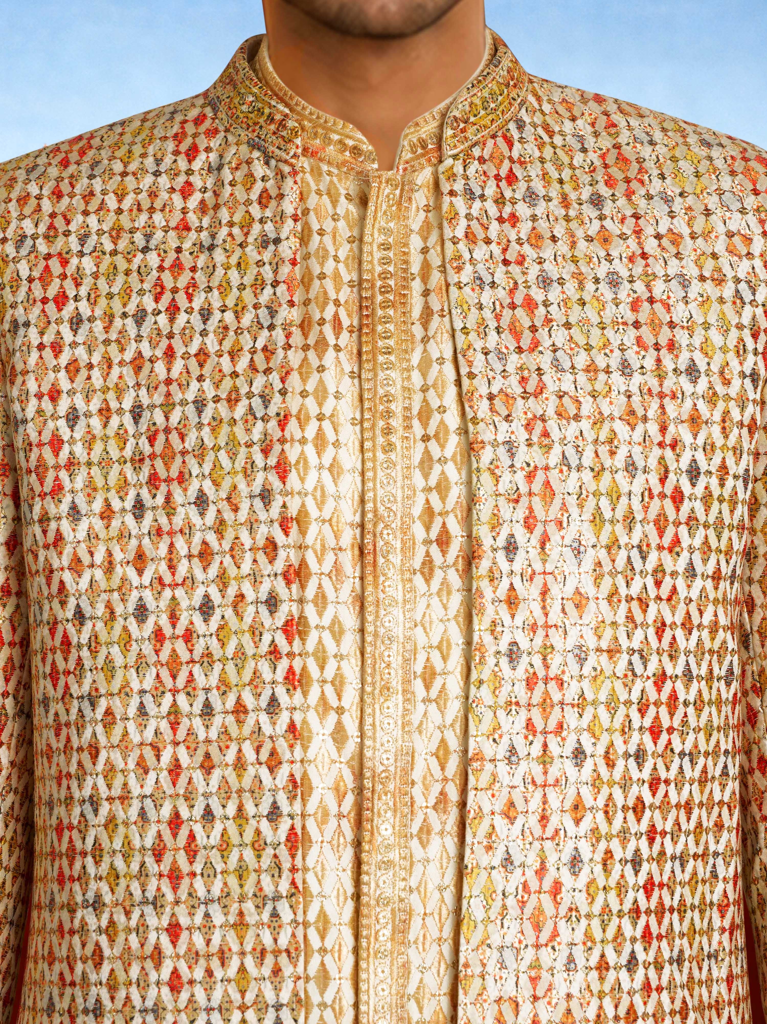 Men's Beige Silk Blend Geometry Regular Jodhpuri Jacket