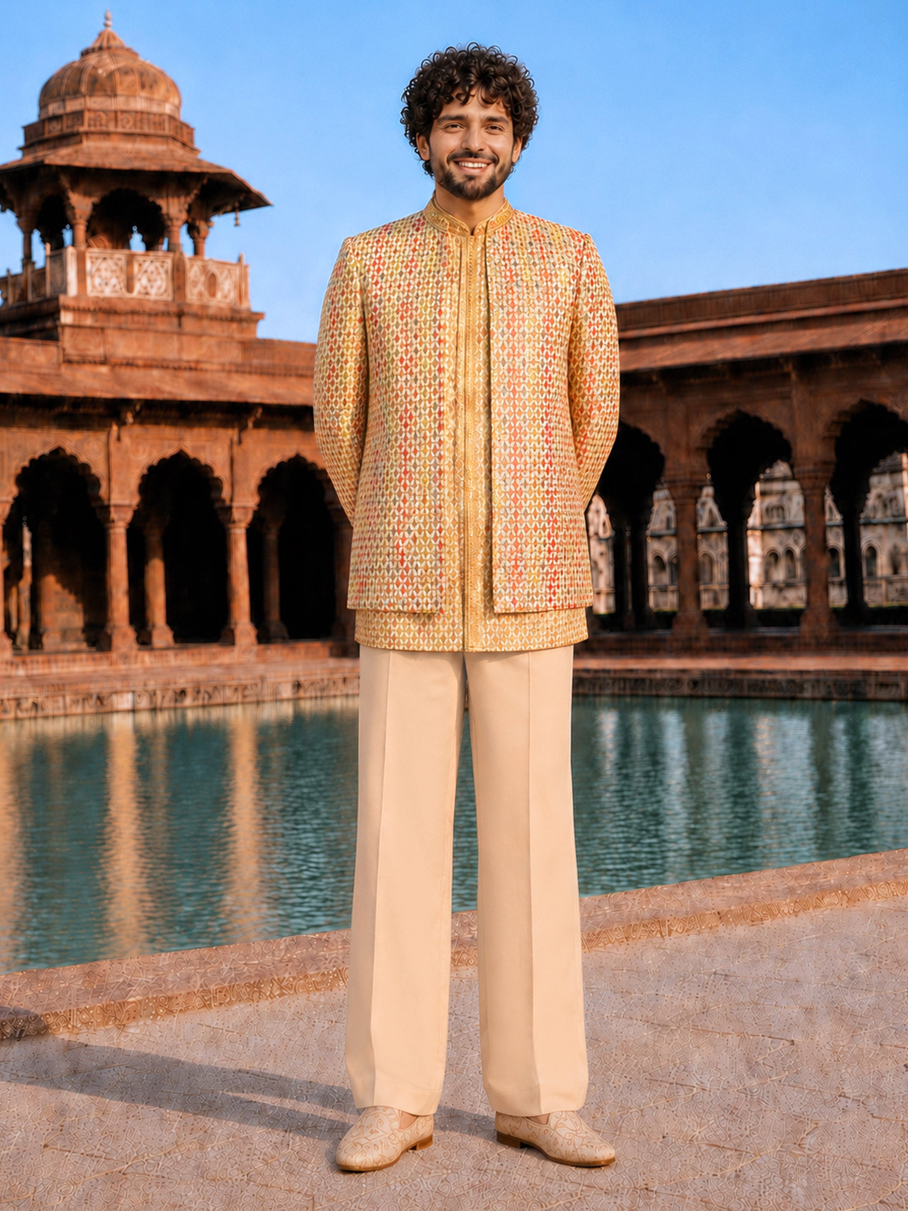 Men's Beige Silk Blend Geometry Regular Jodhpuri Jacket