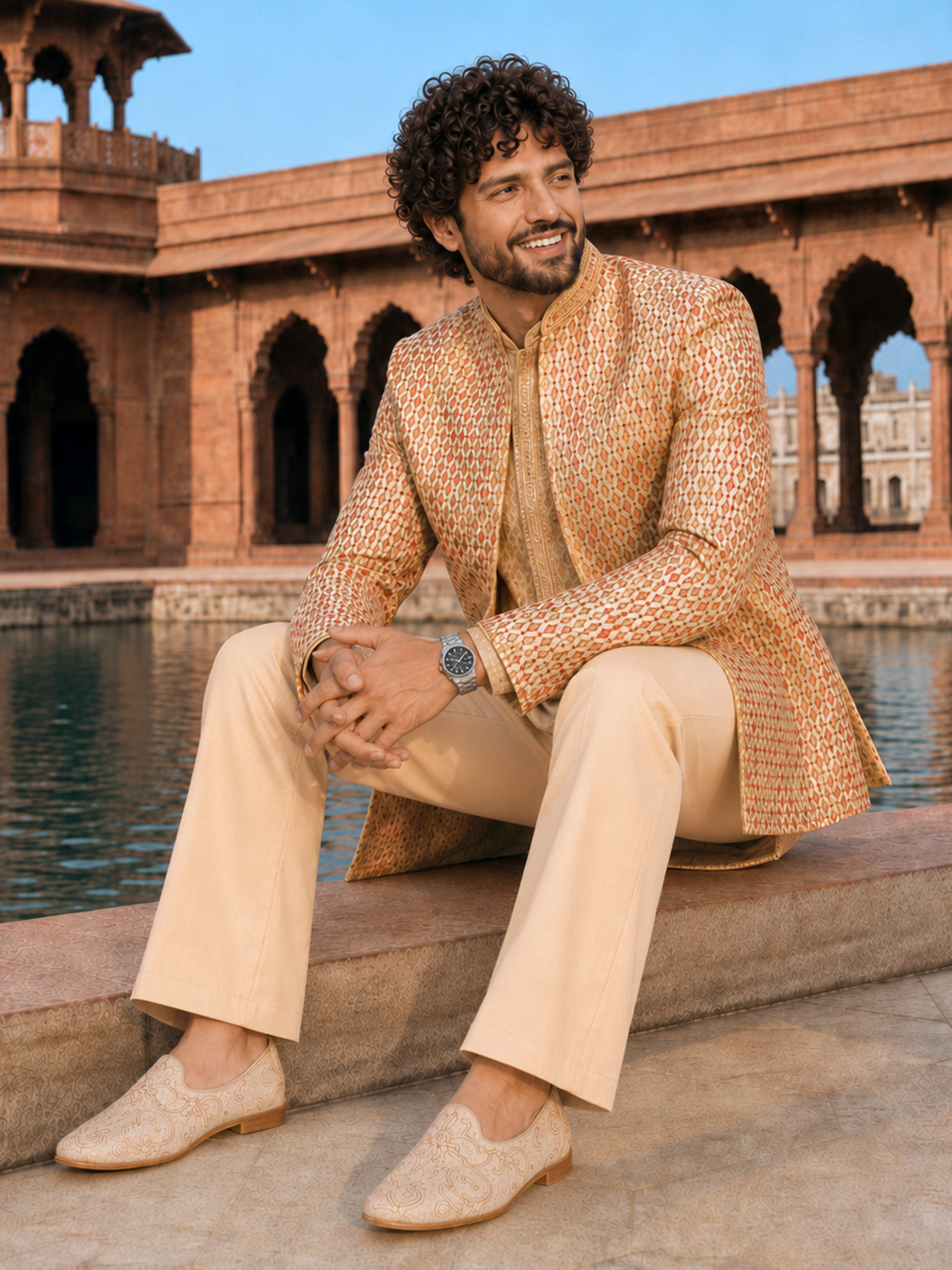 Men's Beige Silk Blend Geometry Regular Jodhpuri Jacket