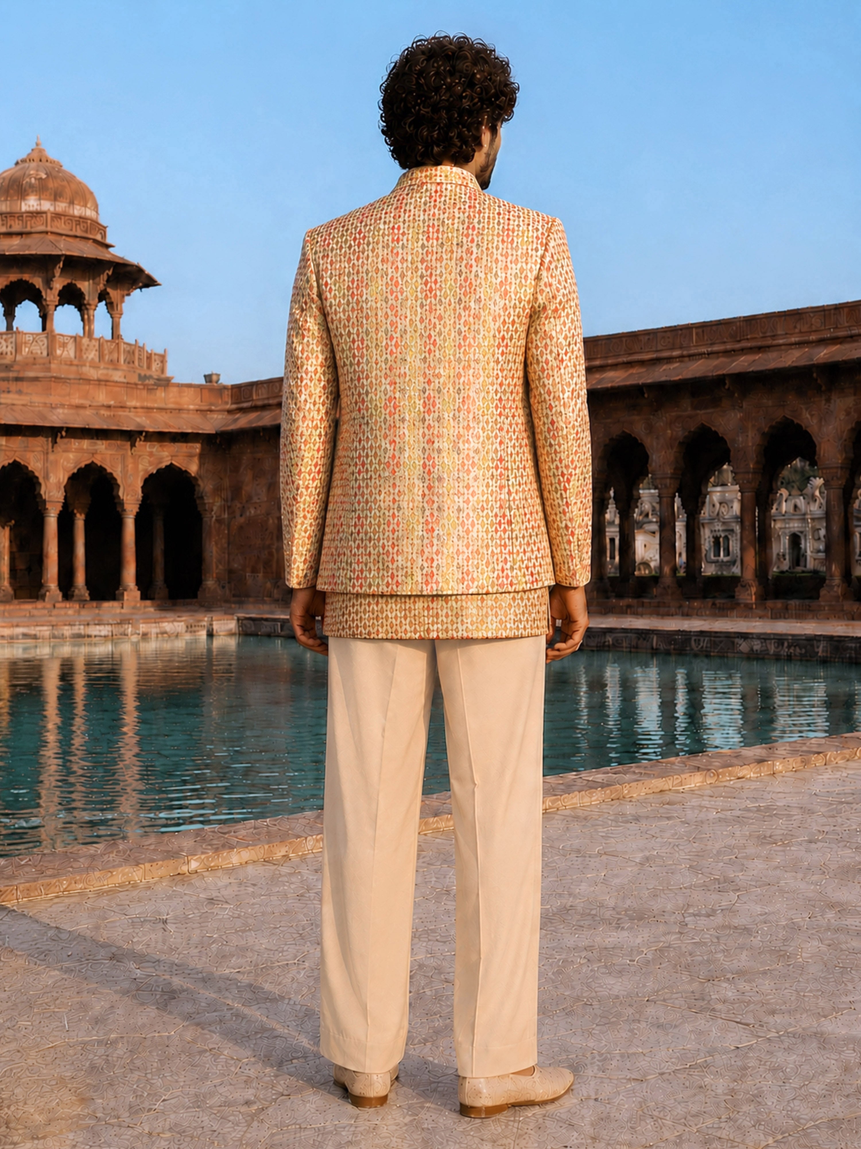 Men's Beige Silk Blend Geometry Regular Jodhpuri Jacket