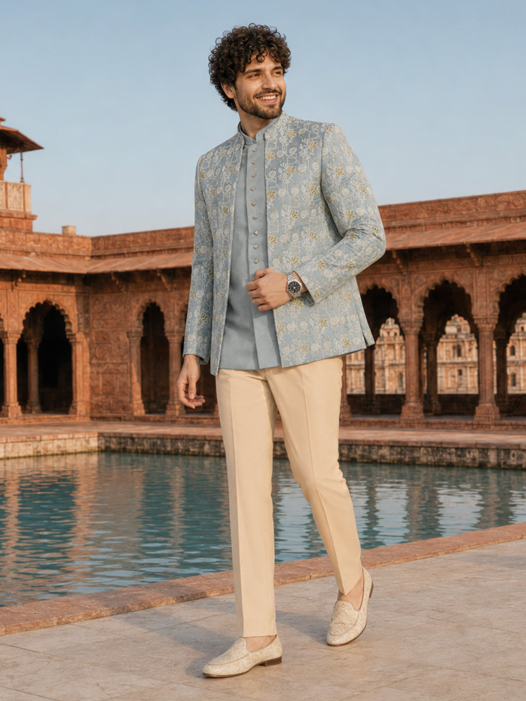 Men Aqua Embroidered Thread Work Waist Length Straight Pant Sherwani Set