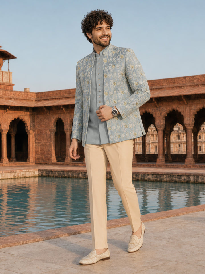 Men Aqua Embroidered Thread Work Waist Length Straight Pant Sherwani Set