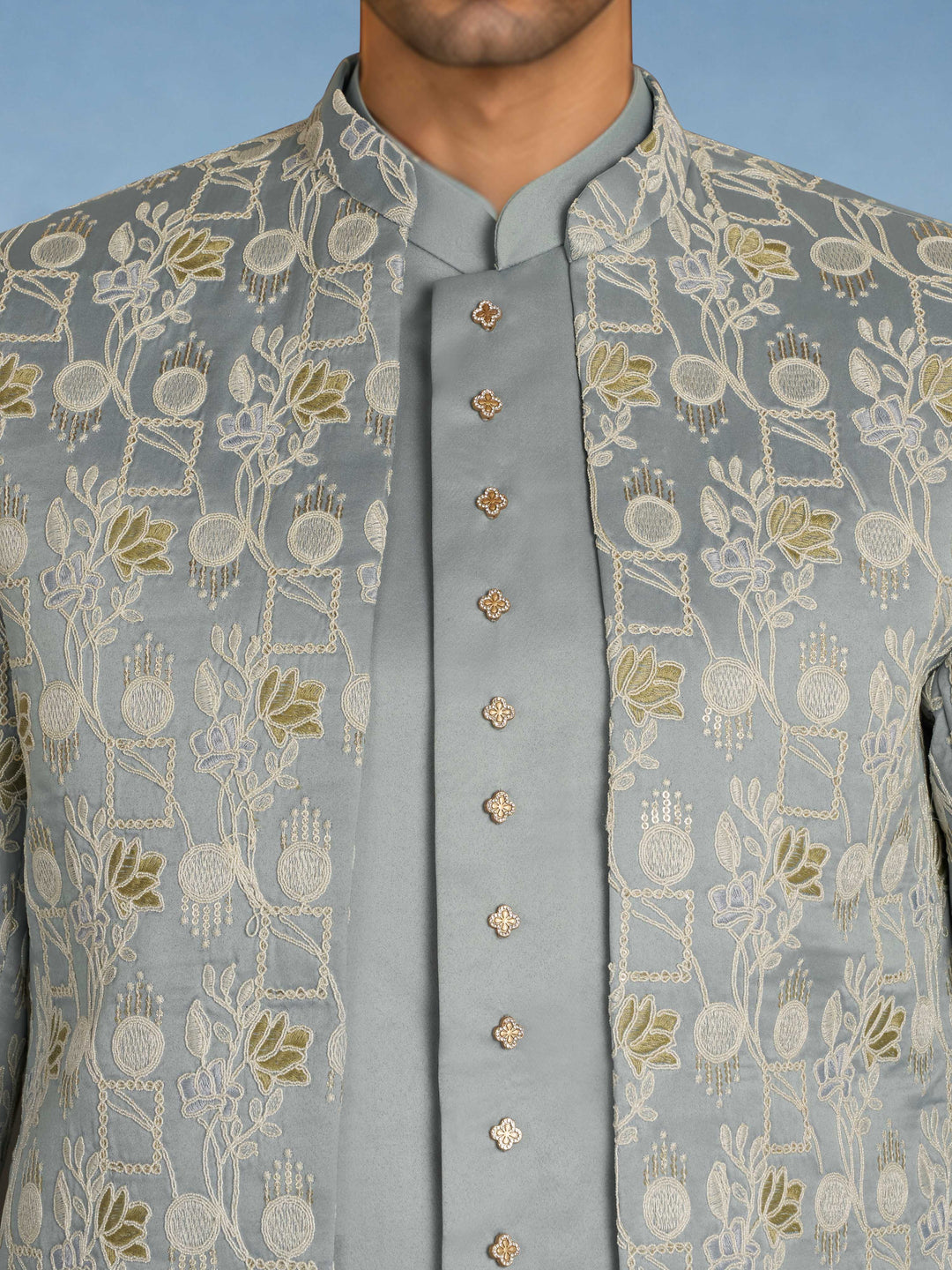 Men Aqua Embroidered Thread Work Waist Length Straight Pant Sherwani Set