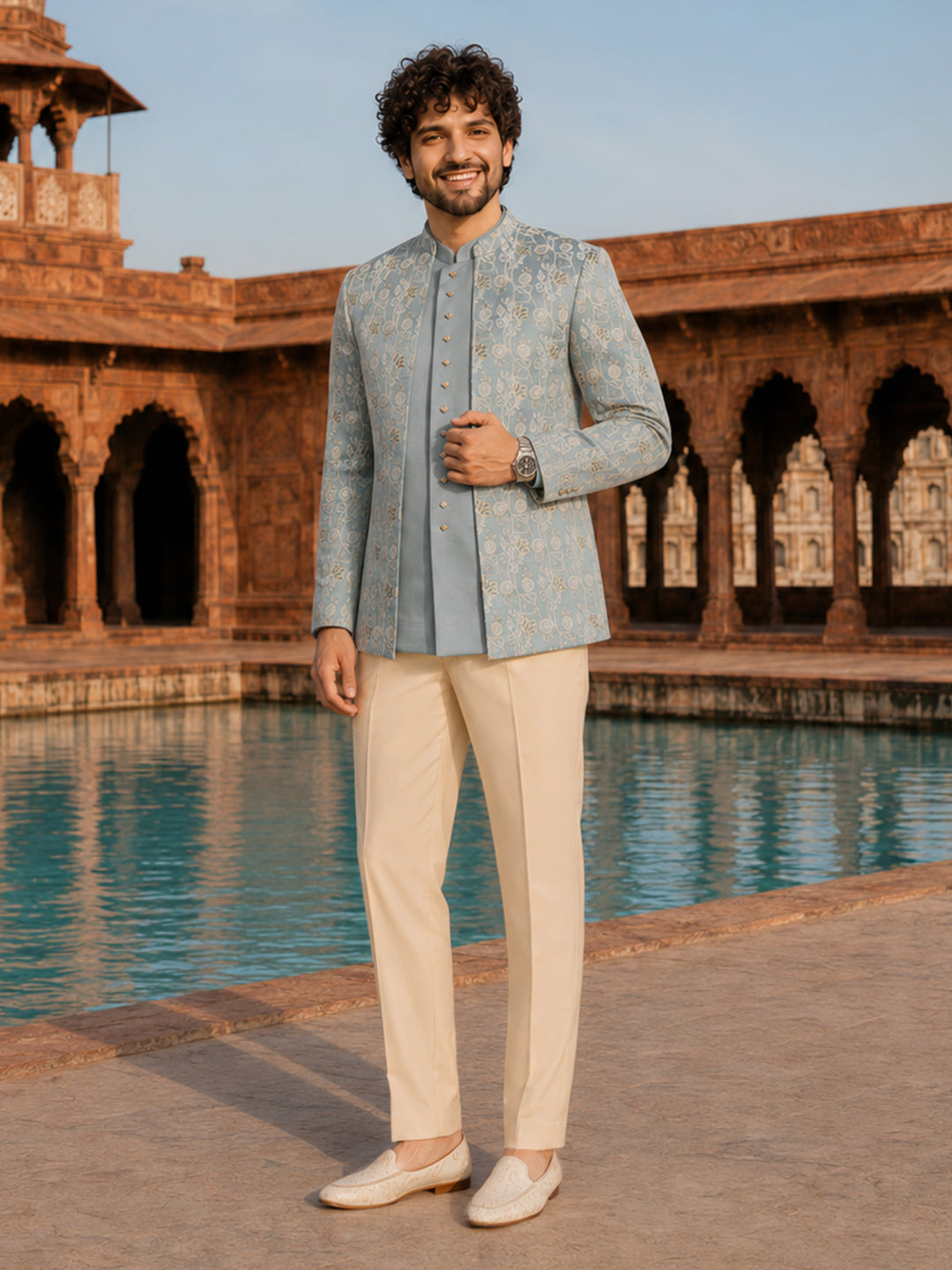 Men Aqua Embroidered Thread Work Waist Length Straight Pant Sherwani Set