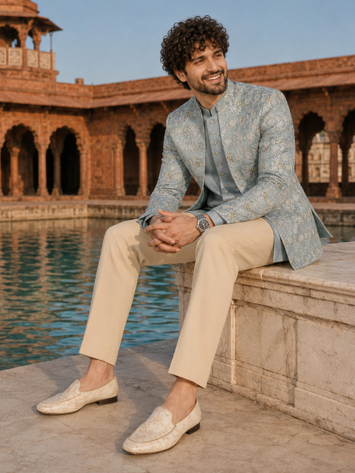 Men Aqua Embroidered Thread Work Waist Length Straight Pant Sherwani Set