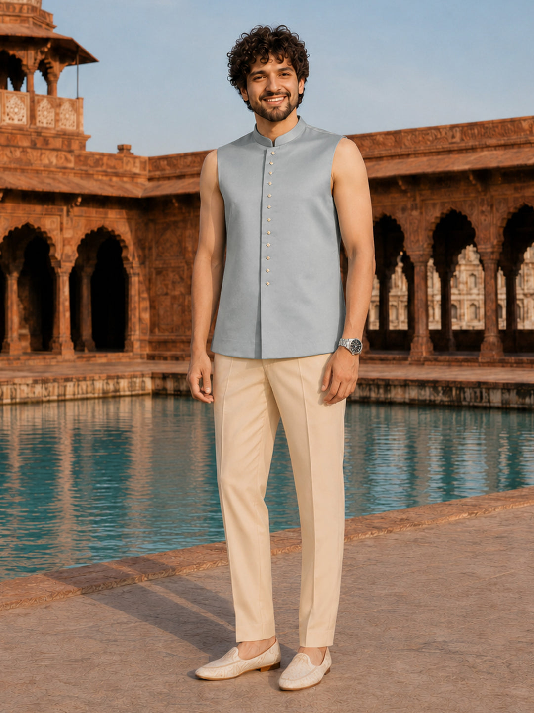 Men Aqua Embroidered Thread Work Waist Length Straight Pant Sherwani Set