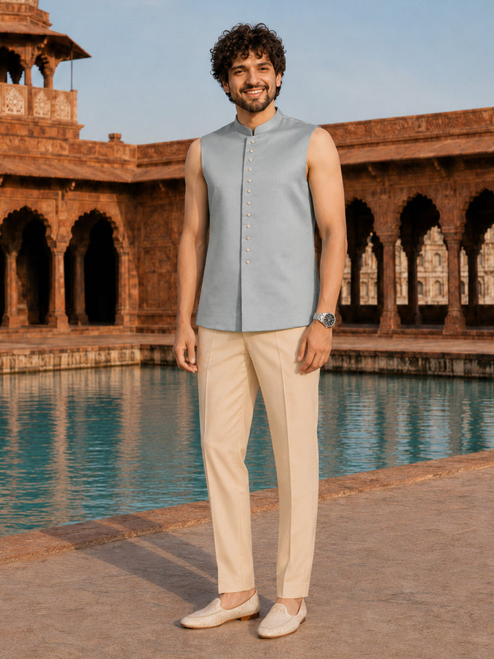 Men Aqua Embroidered Thread Work Waist Length Straight Pant Sherwani Set
