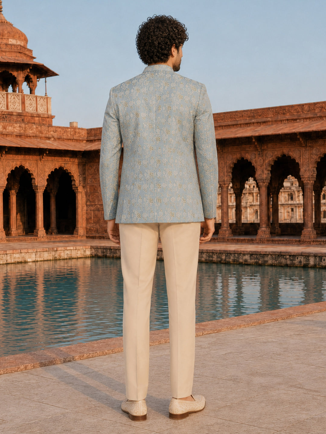 Men Aqua Embroidered Thread Work Waist Length Straight Pant Sherwani Set