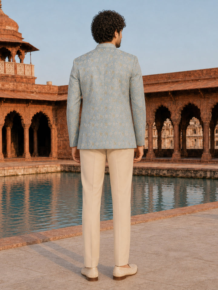 Men Aqua Embroidered Thread Work Waist Length Straight Pant Sherwani Set