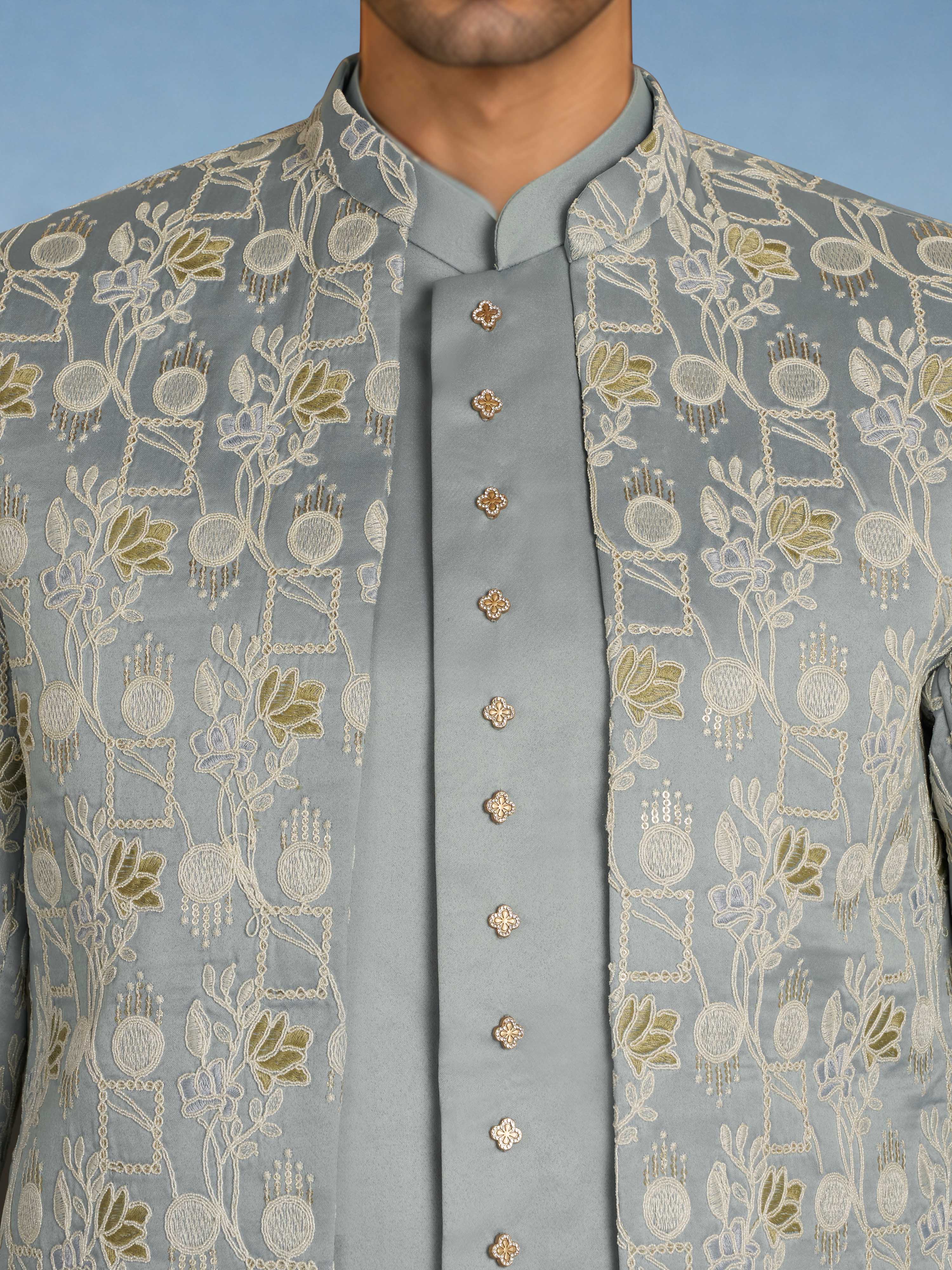 Men Aqua Embroidered Zari Work Waist Length Wide Leg PantSherwani Set