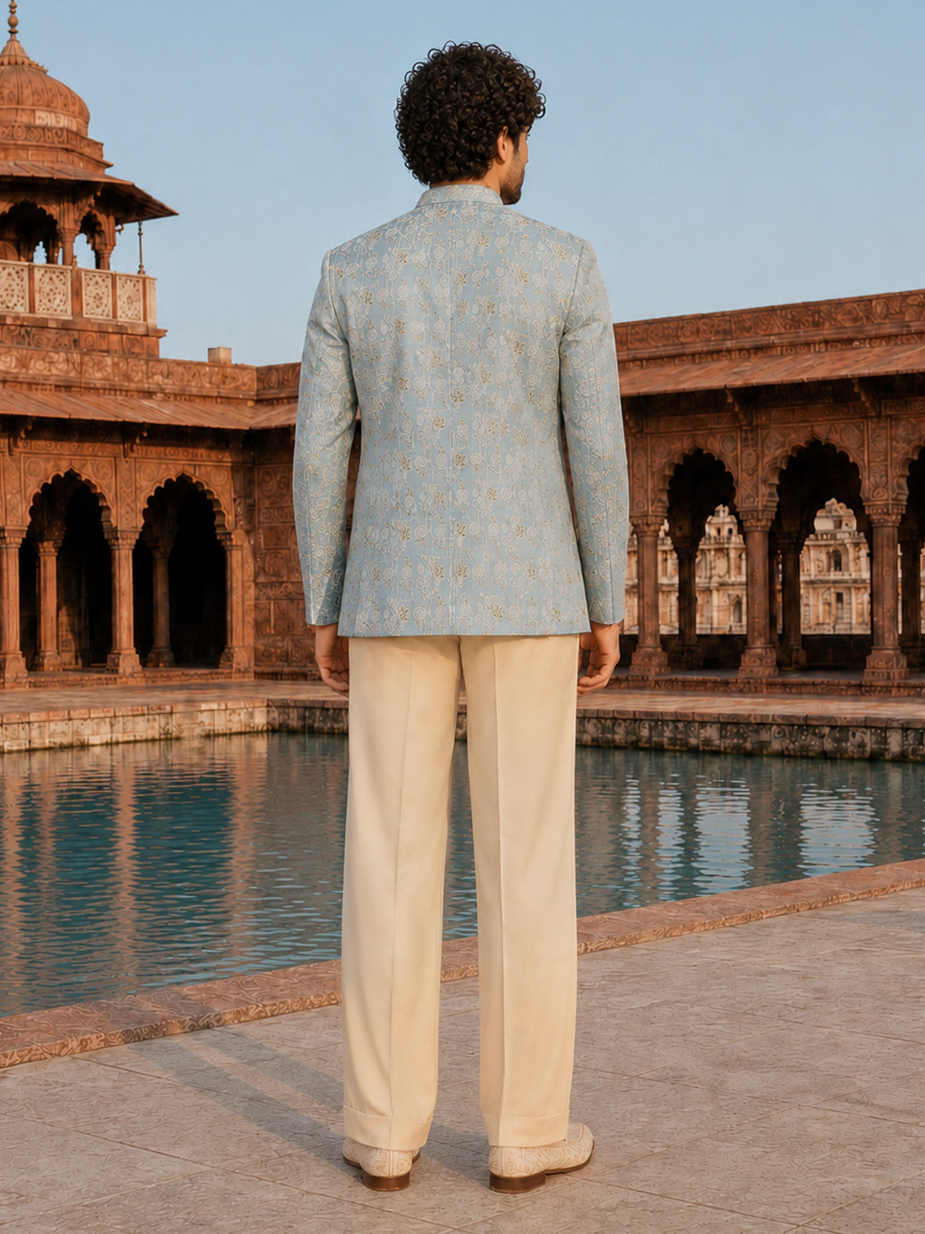 Men Aqua Embroidered Zari Work Waist Length Wide Leg PantSherwani Set